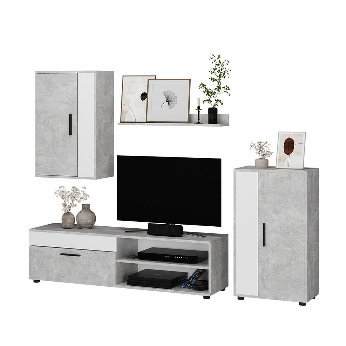WOHNWAND Berno Beton/Weiß set, 4 Teile - Weiß/Grau, Holzwerkstoff (78/8/17.1cm) - Vicco