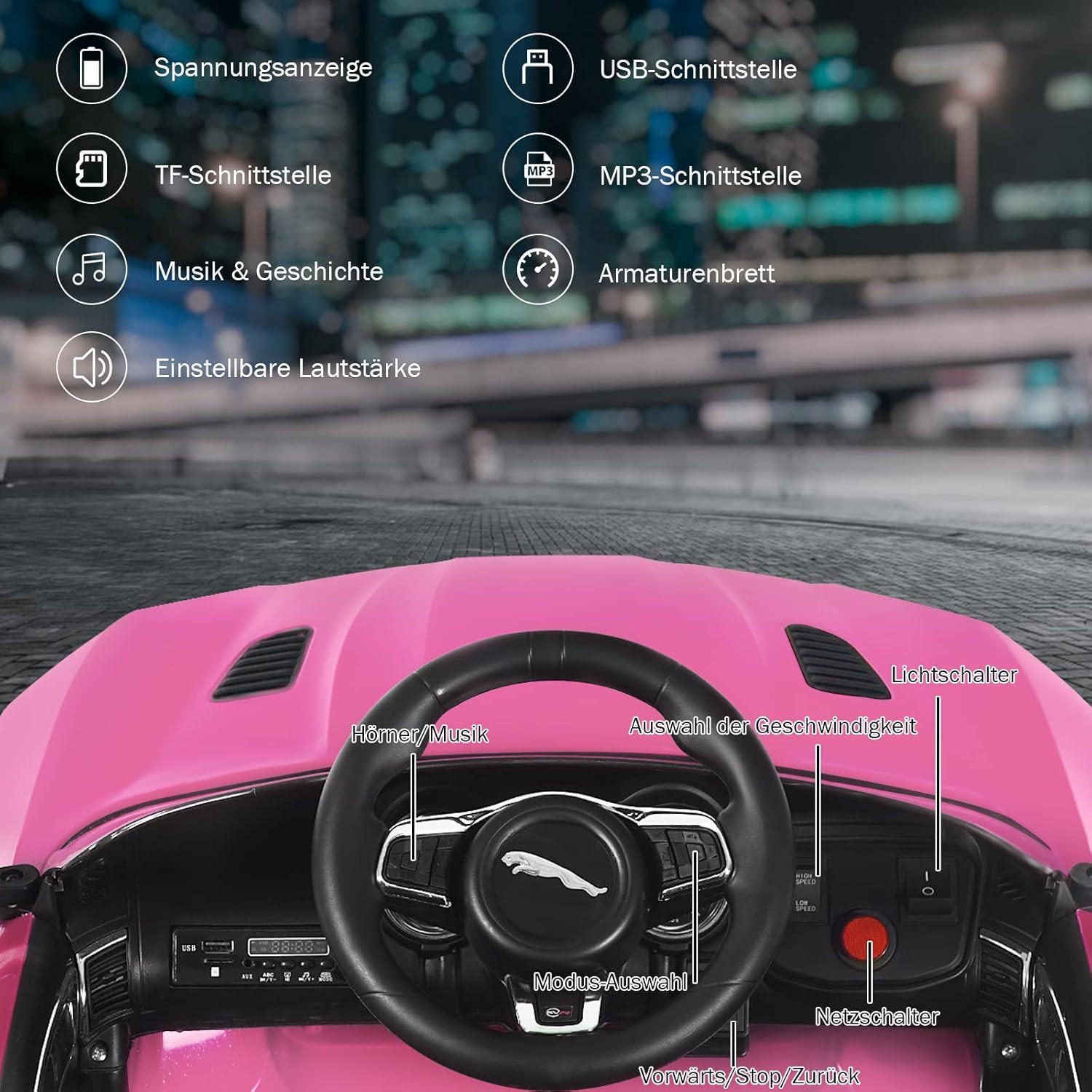 KINDERAUTO Jaguar 12V Elektro Rosa - Pink, Kunststoff (107.5/66/50cm) - COSTWAY