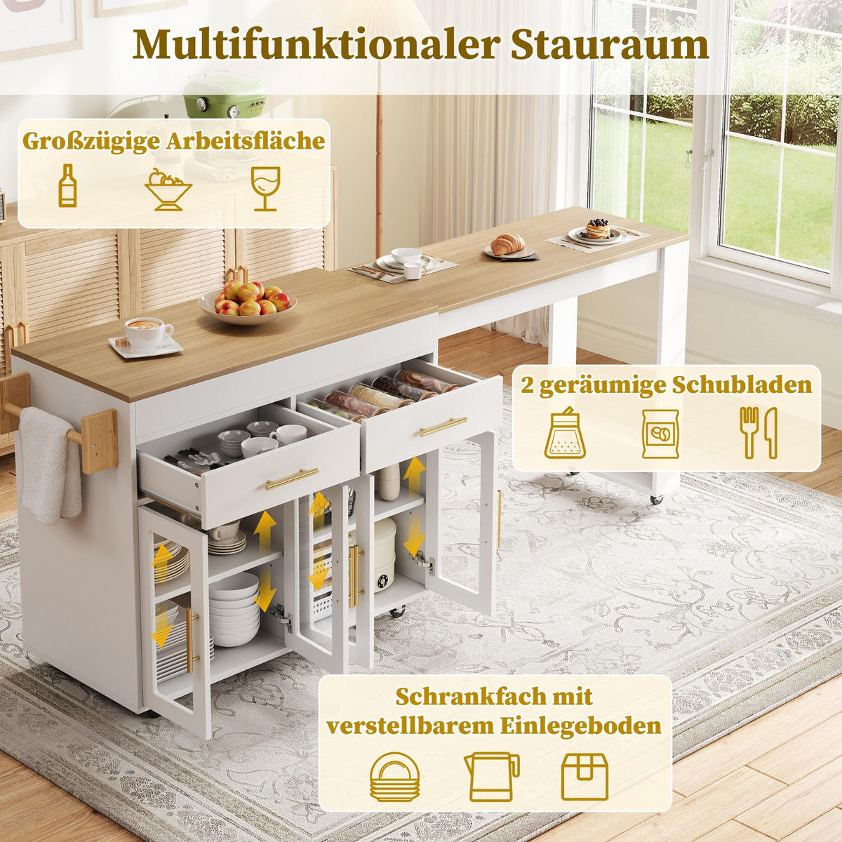 KÜCHENINSEL mit Rollen, AUSZIEHBARER BARTISCH, MDF Weiß, mit Glastüren, 132,5-217/50/93 cm - Weiß, Holzwerkstoff (50/93/217cm) - Rolipo