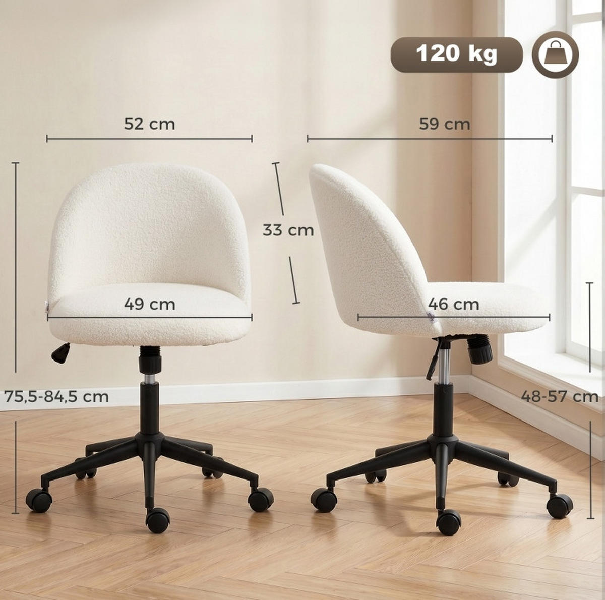 BÜROSTUHL in Cremeweiß 52x59x84,5 cm mit Teddyfleece-Bezug, höhenverstellbar und drehbar - Creme, Textil (59/84.5/52cm) - IVMEU