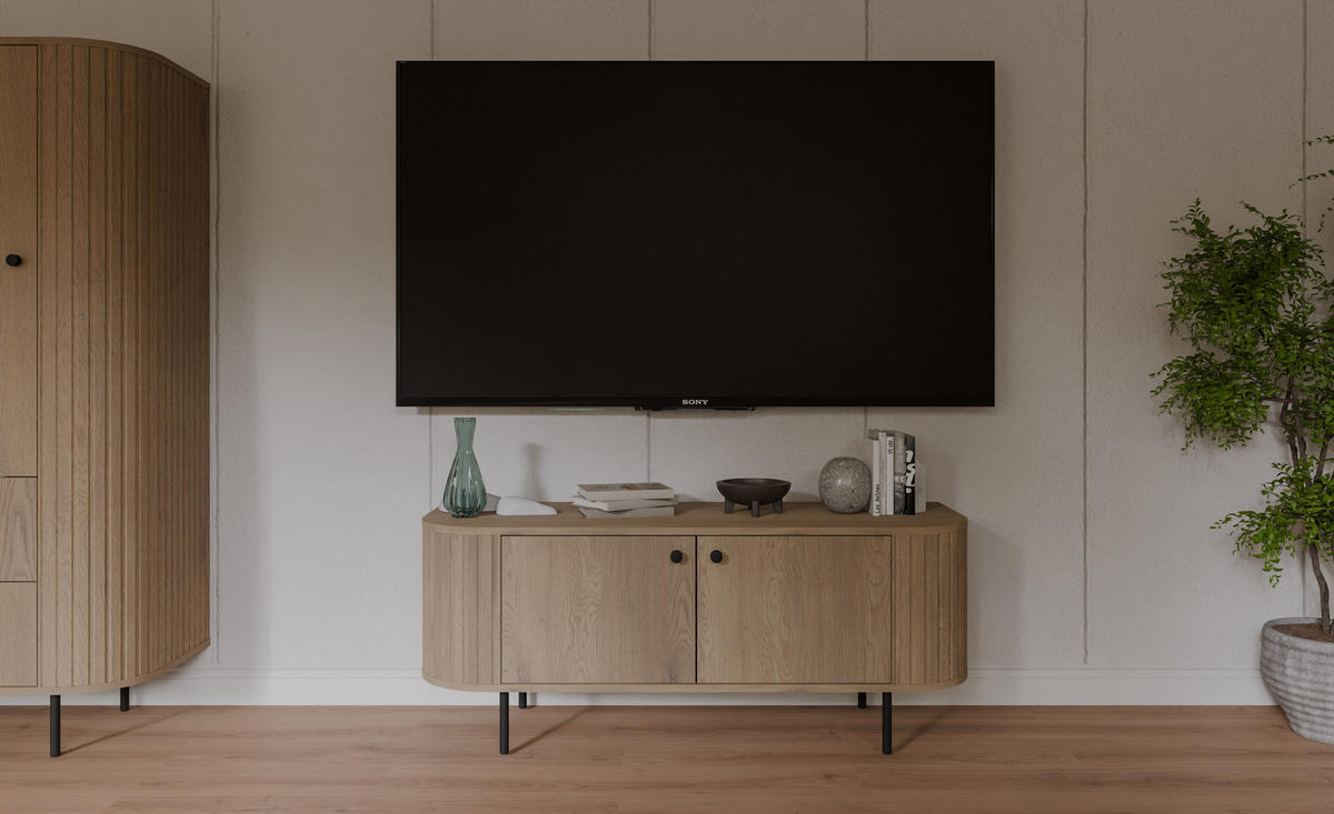 TV-SCHRANK Olivia 123 cm, mit 2 Türen, geriffeltem Design, eiche sonoma, schwarzfarbenen Metallfüßen - Sonoma Eiche, Metall (123/50/43cm) - Margaret Hadas24
