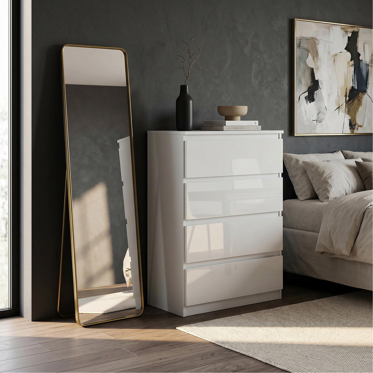 KOMMODE NUDO 70/102/39cm mit 4 Schubladen Türen Weiß - Weiß Hochglanz/Weiß, Holzwerkstoff (70/102/39cm) - MASSENO