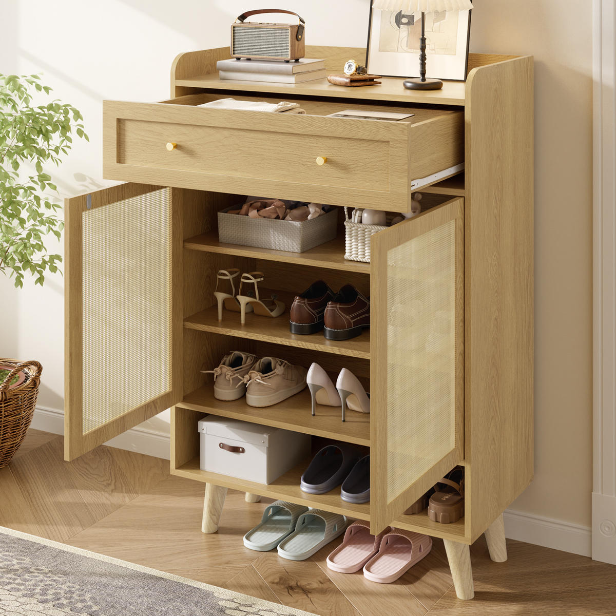 SCHUHSCHRANK Rattan 2 Türen 4 Regale Schublade 105cm Modern - Eichefarben, Holzwerkstoff (80/105/35cm) - FLIEKS