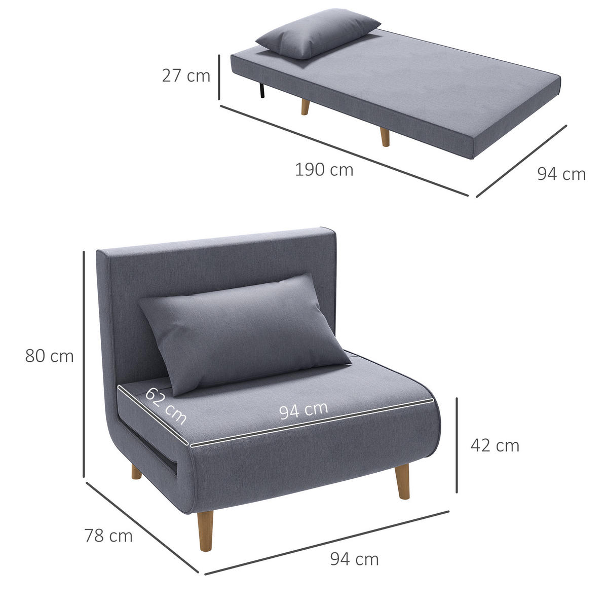 EINZELSOFA Sofabett Klappsofa verstellbar Rückenlehne nordisch skandinavisch - Naturfarben/Grau, Holz/Textil (78/80/94cm) - HOMCOM