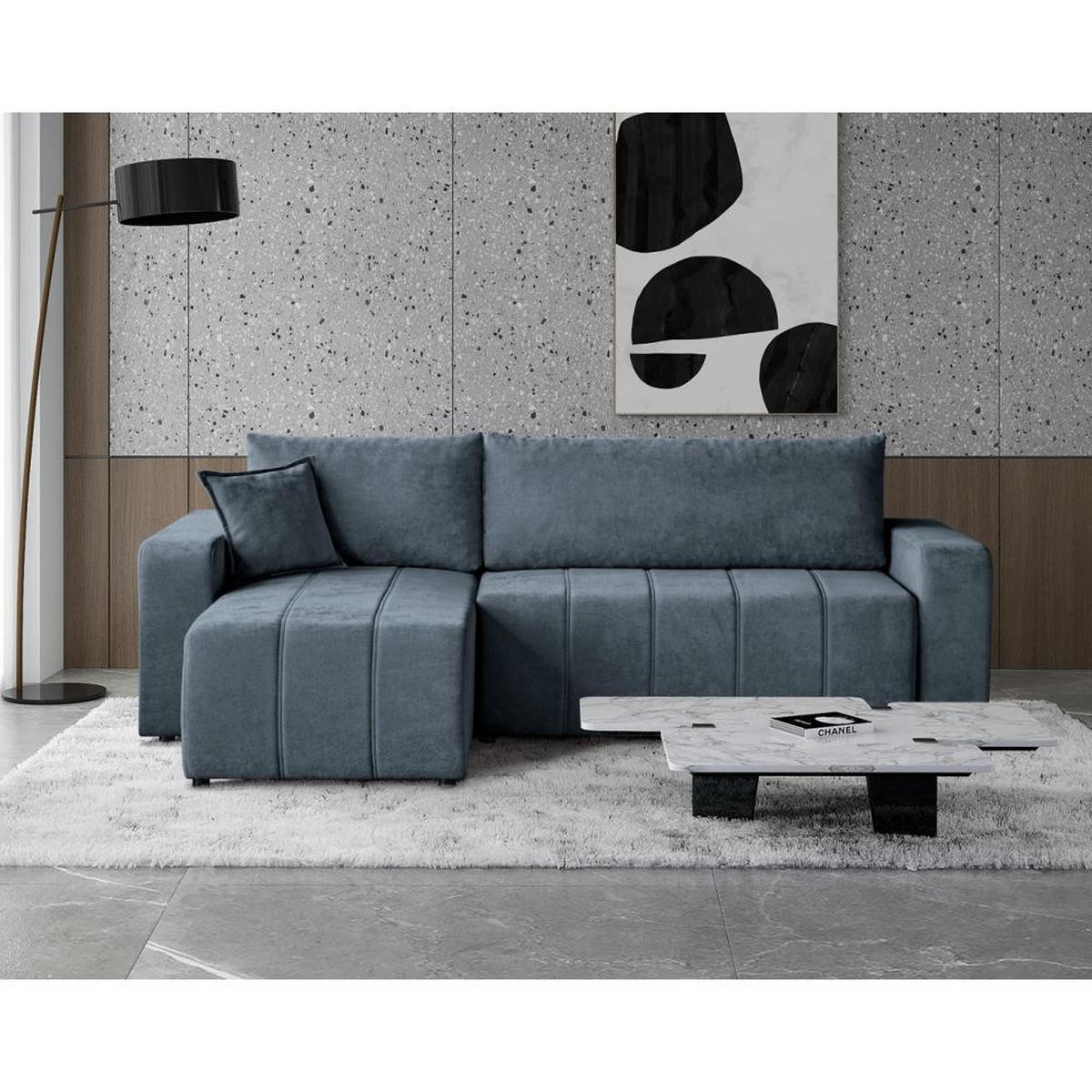 ECKSCHLAFSOFA Mori dunkelblau - Schwarz/Dunkelblau, Kunststoff/Textil (250/155cm) - Beautysofa