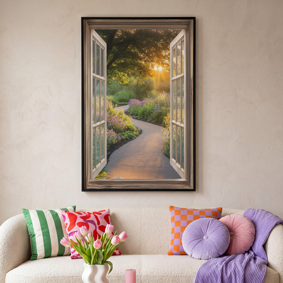 LEINWAND Bilder mit Rahmen - Aussicht - Blumen - Natur - Sonne - Weg - 100x150 - Hellgelb, Textil (100/150cm) - MuchoWow