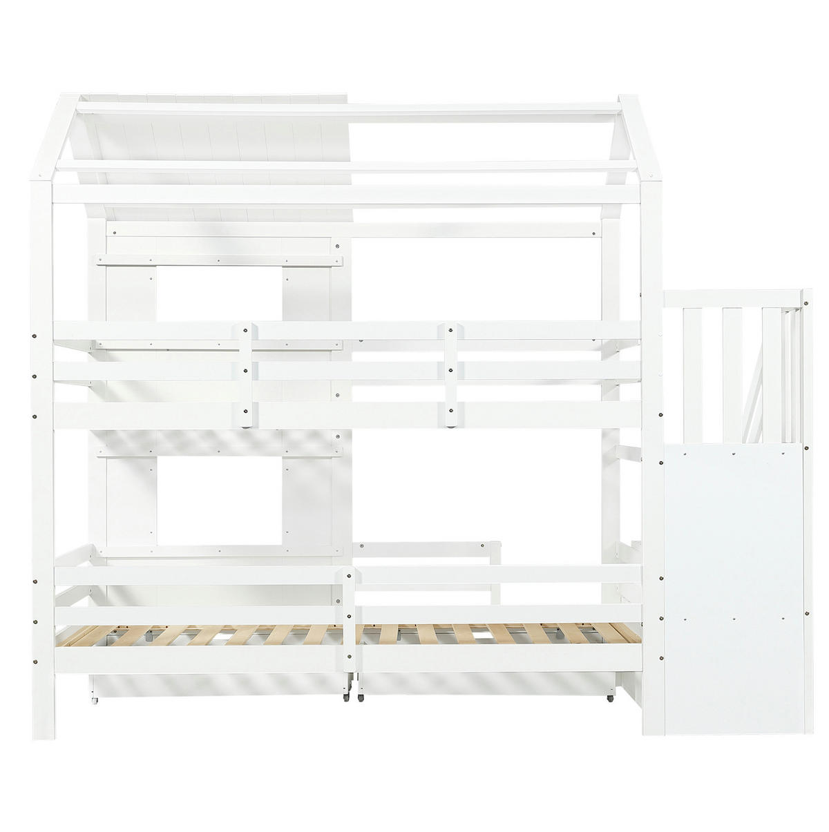 ETAGENBETT aus Kiefer und MDF 90x200 cm Weiß mit Treppenschrank, Rollschublade, Dach und Fenstern - Weiß, Holzwerkstoff (90/200cm) - Modfu