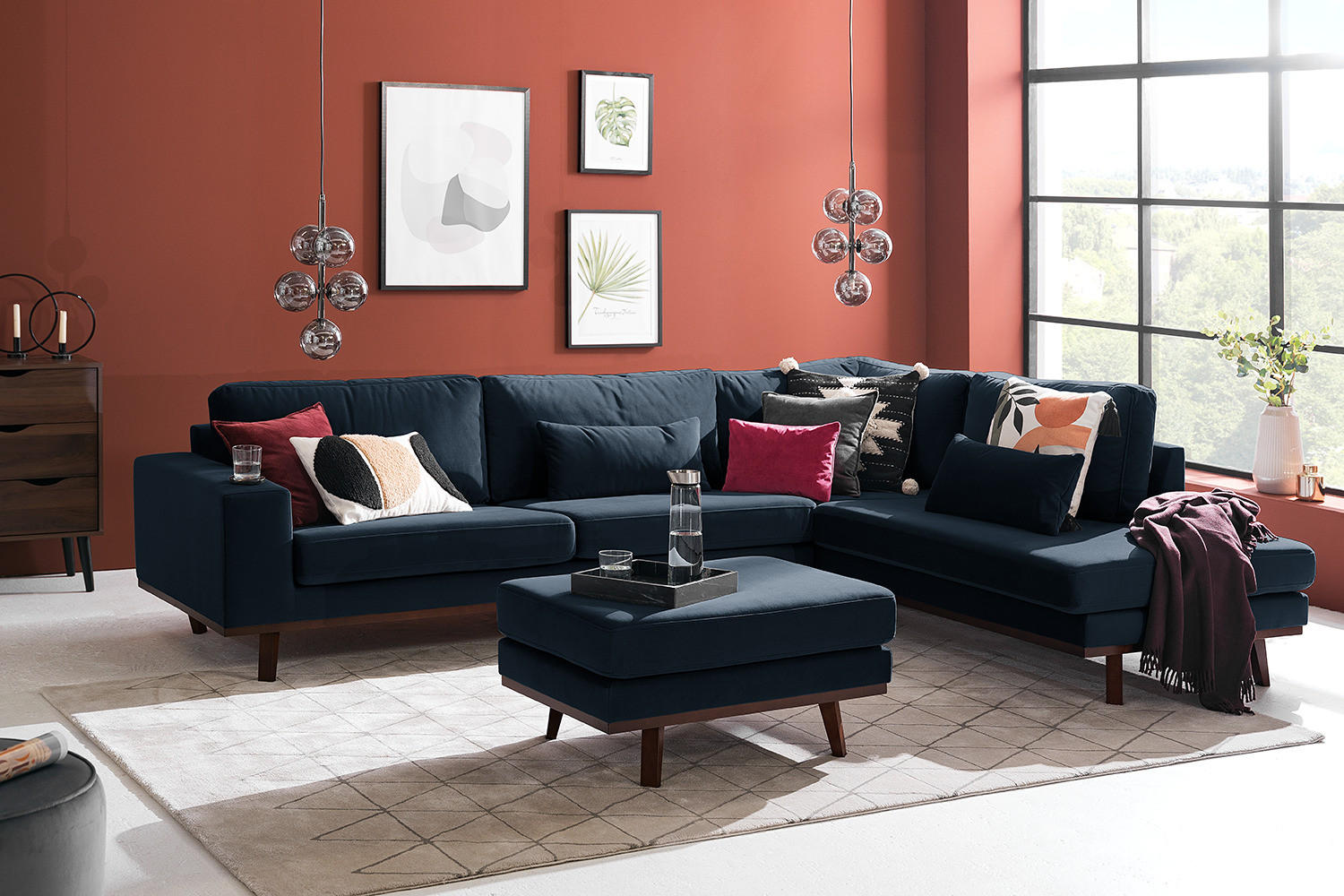 POLSTERHOCKER - Buchefarben/Dunkelblau, Textil (85/43/60cm) - home24