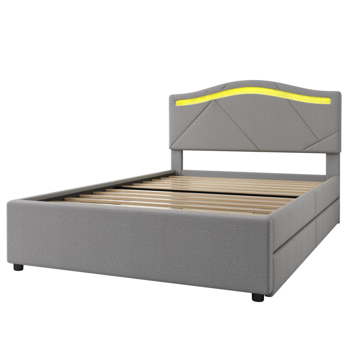 POLSTERBETT aus Leinen 90x200 cm in Grau mit LED-Beleuchtung & 2 Schubladen - Grau, Textil (90/200cm) - Modfu