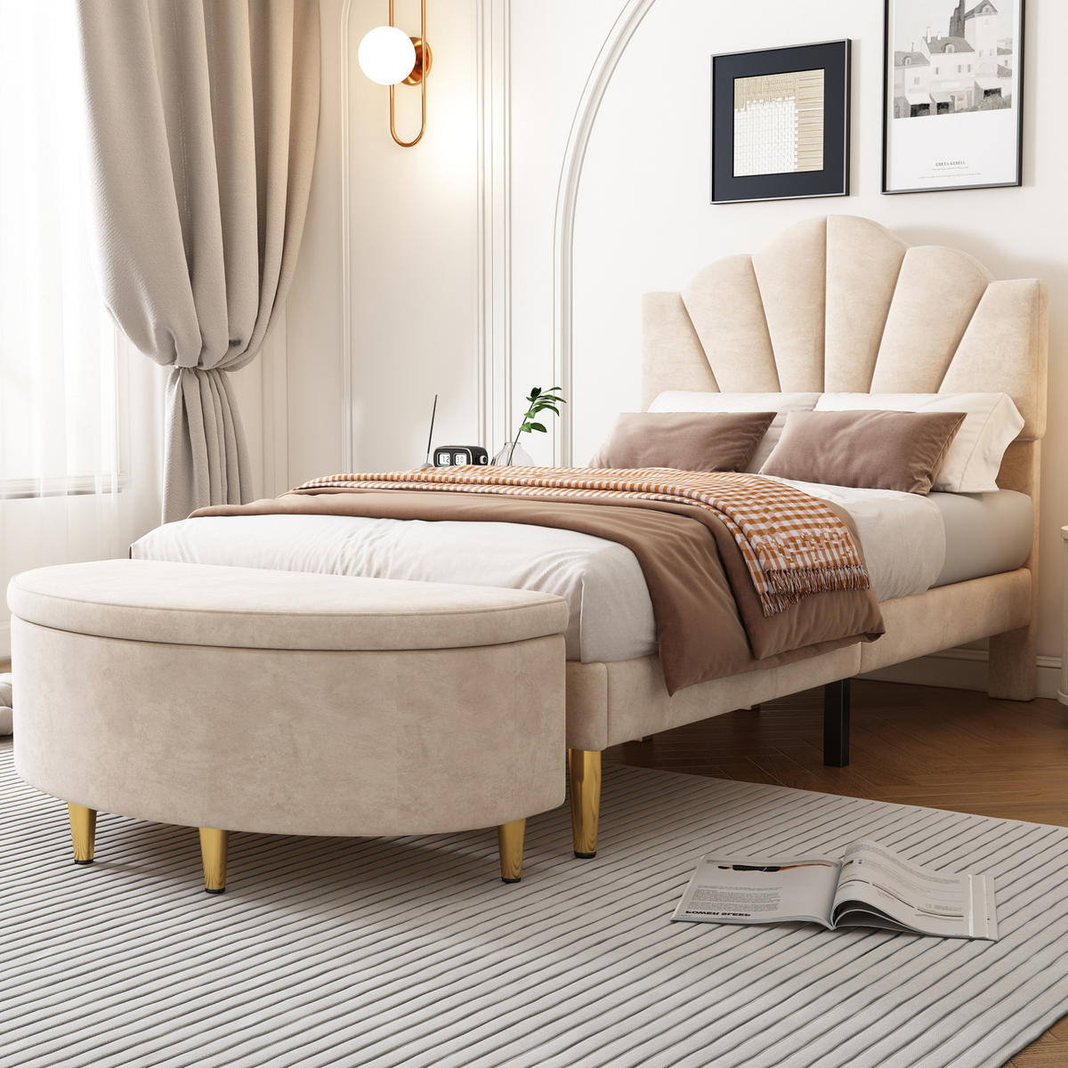 POLSTERBETT 90/200 cm Beige aus Samt mit verstellbarem Kopfteil - Beige, Textil (90/200cm) - Flora Grace