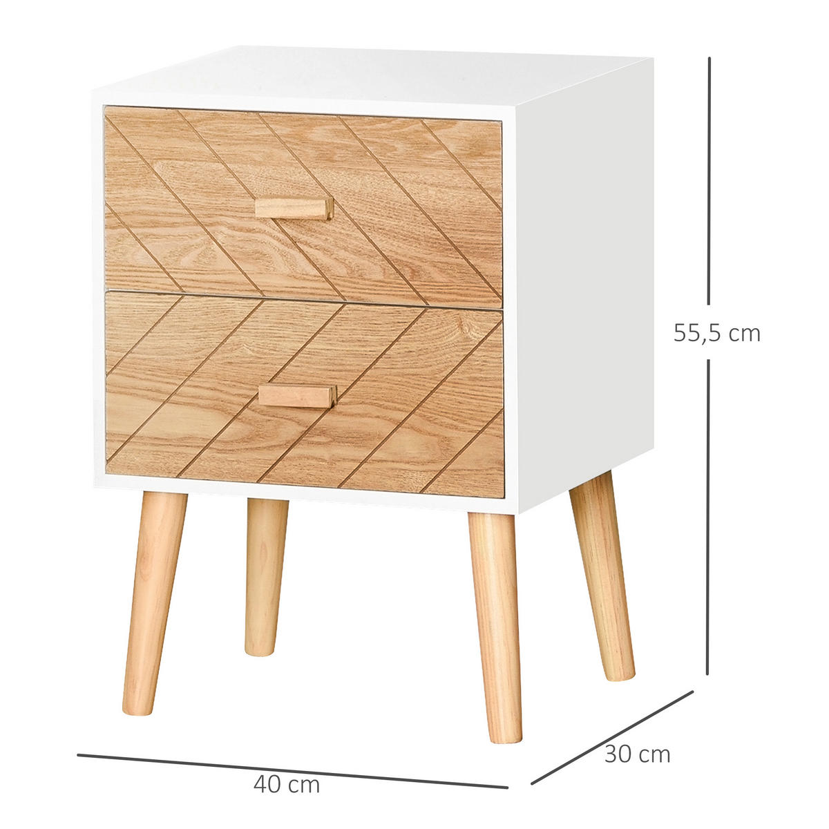 NACHTTISCH Weiß und Natur MDF und Holz mit 2 Schubladen 1er-Set - Weiß, Holz (40/55.5/30cm) - PANGIVO