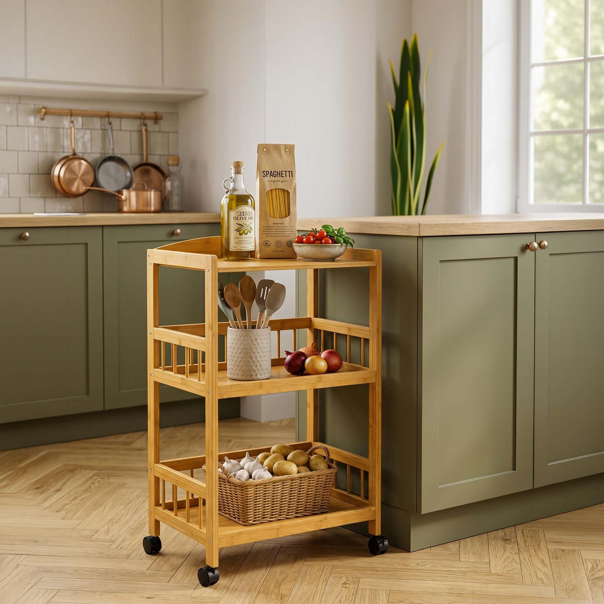 SERVERINGSVAGN Natur bambu med hjul - Ljusbrun, Trä/Plast (53/80/30cm) - Relaxdays