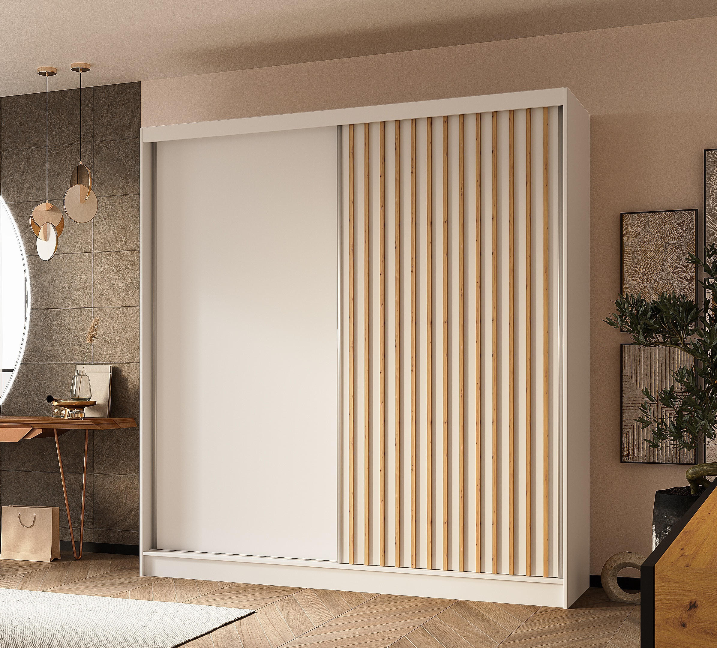 SCHWEBETÜRENSCHRANK Cabinio Weiß Eiche Artisan 200/216/61 cm – Modern, mit Lamellen - Walnussfarben/Weiß, Holzwerkstoff/Kunststoff (200/216.1/61cm) - AX Living