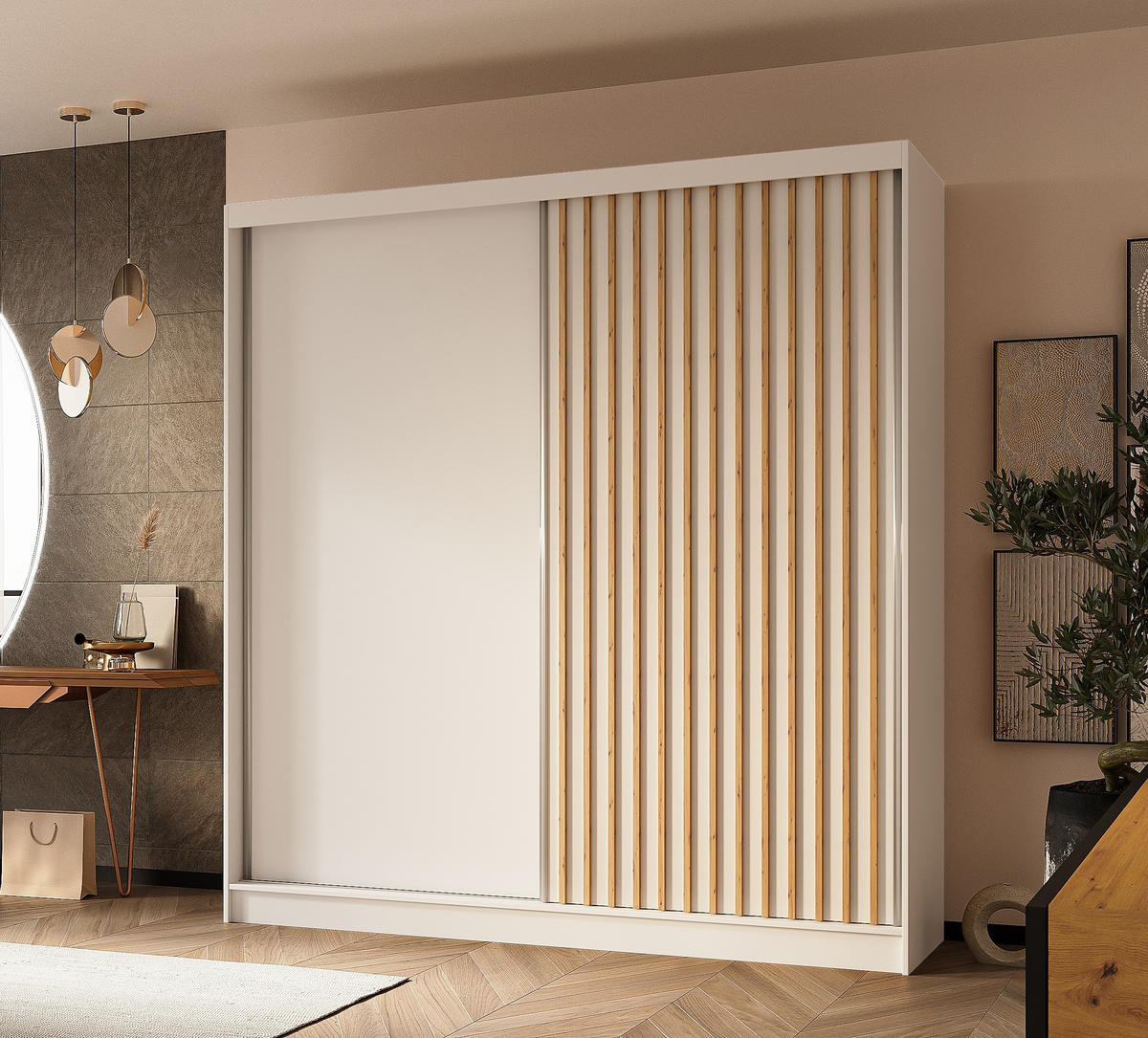 SCHWEBETÜRENSCHRANK Cabinio Weiß Eiche Artisan 200/216/61 cm – Modern, mit Lamellen - Walnussfarben/Weiß, Holzwerkstoff/Kunststoff (200/216.1/61cm) - AX Living