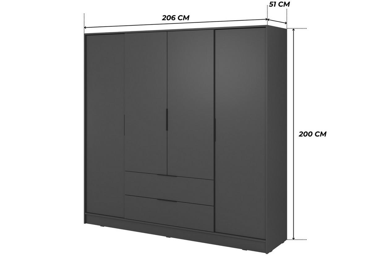 GROSSER Kleiderschrank RICADI 4D (Graphit, 4 Türen, 2 Schubladen, Kleiderstange, Kunststoffgriffe) - Schwarz/Graphitfarben, Holz/Holzwerkstoff (206/200/51cm) - Ravio