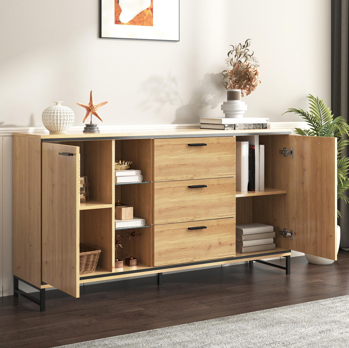 SIDEBOARD 160/40/85 cm Natur aus MDF und Spanplatte mit LED-Beleuchtung - Naturfarben, Holzwerkstoff (40/85/160cm) - OKMYHOME