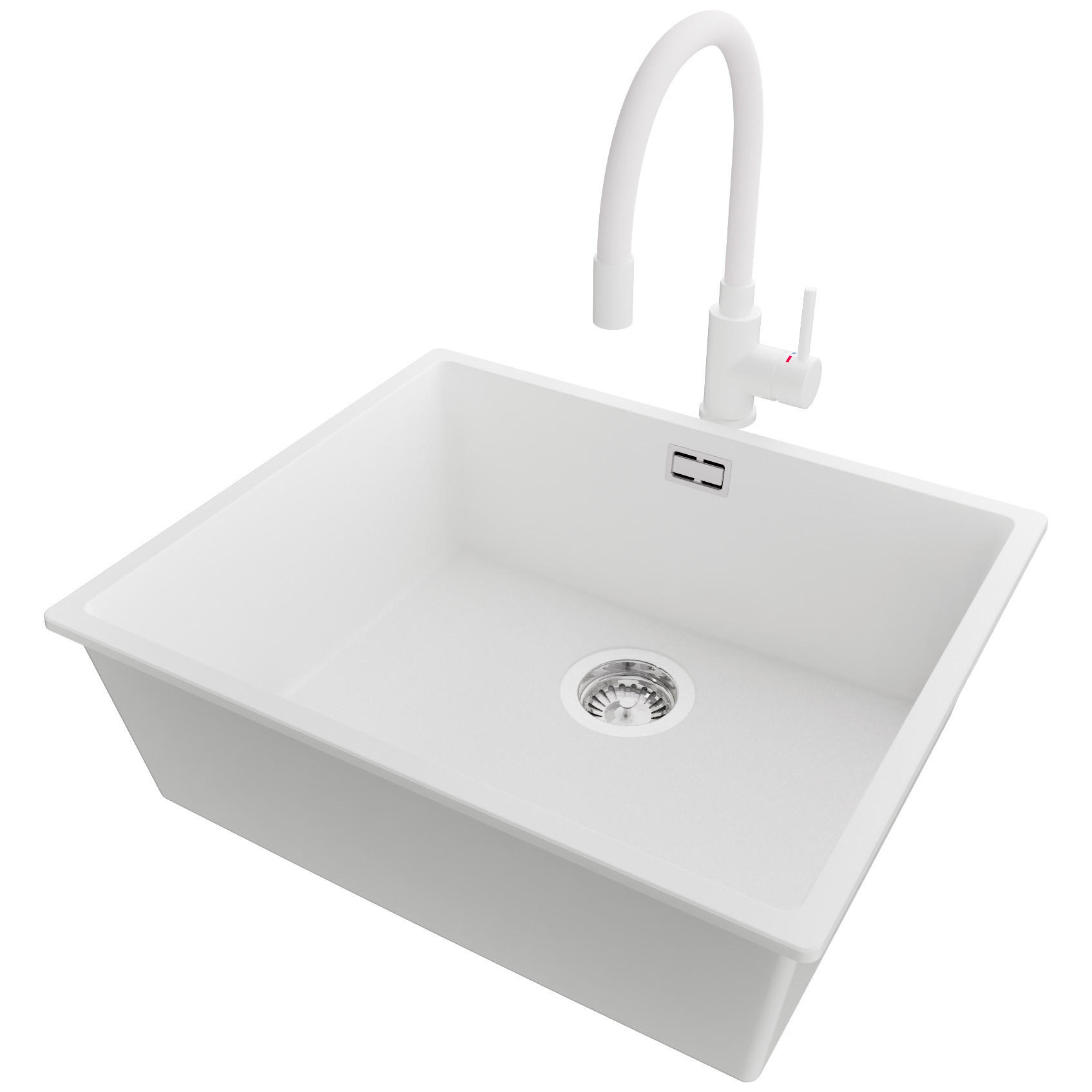 UNTERBAUSPÜLE GRANIT London, 2-er set Weiß 56/47 cm 1 Becken + Küchenarmatur 38/14 cm + Ablauf-Set ab 60er Unterschrank - Chromfarben/Weiß, Kunststoff (56/20/47cm) - Primagran