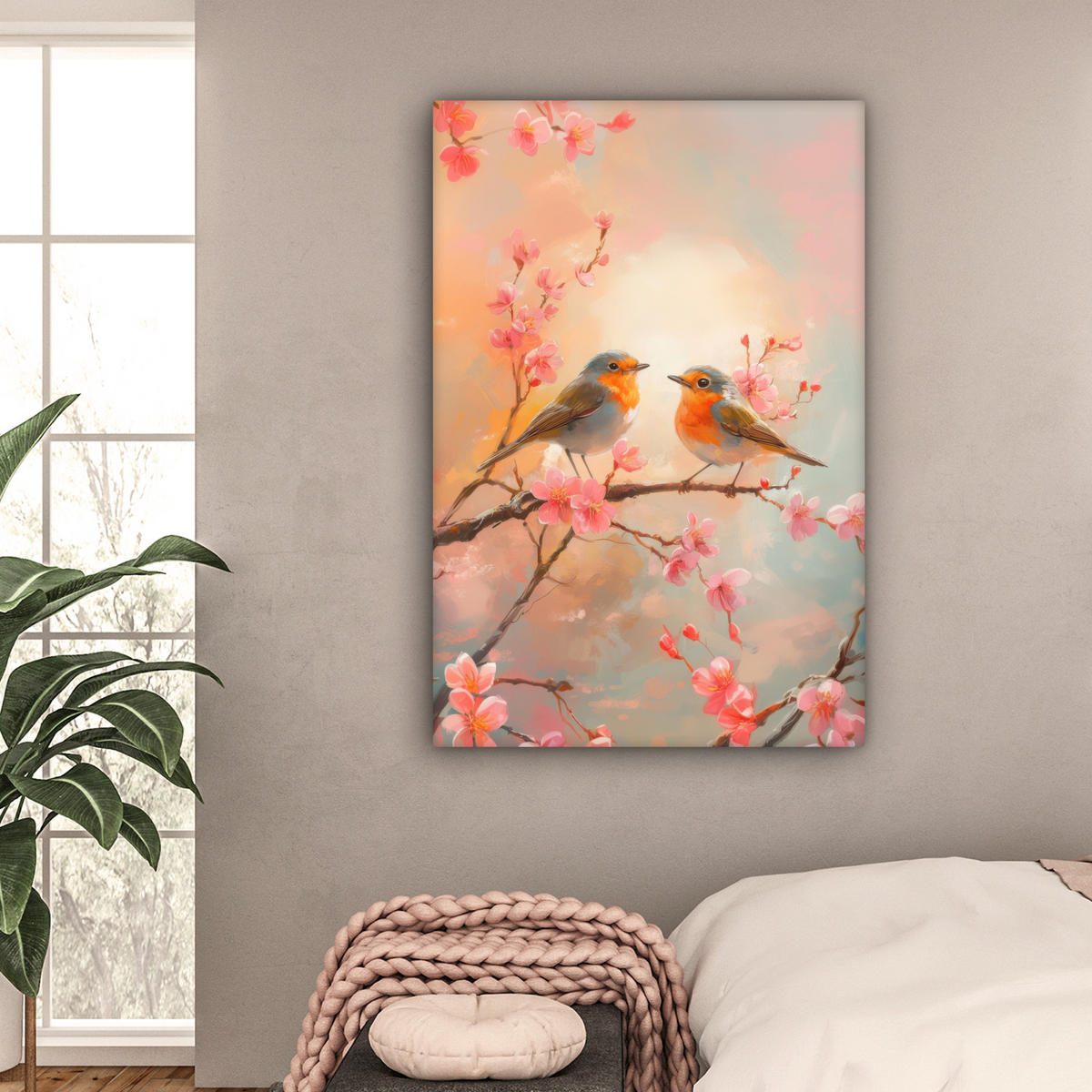 LEINWANDBILD Rotkehlchen - Zierpflanze - Blütenzweig 80x120 cm - Hellrosa, Textil (80/120cm) - MuchoWow