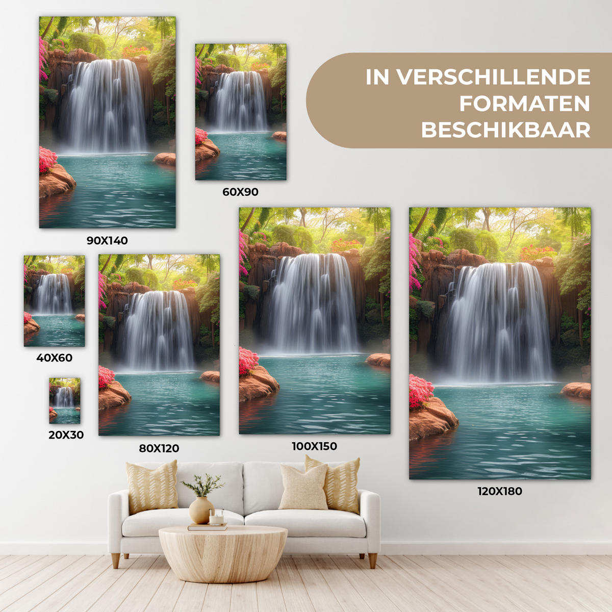 LEINWANDBILD Wasserfall - Natur - Pflanzen - Dschungel - Wasser Deko Groß 90x140 cm - Grün, Textil (90/140cm) - MuchoWow