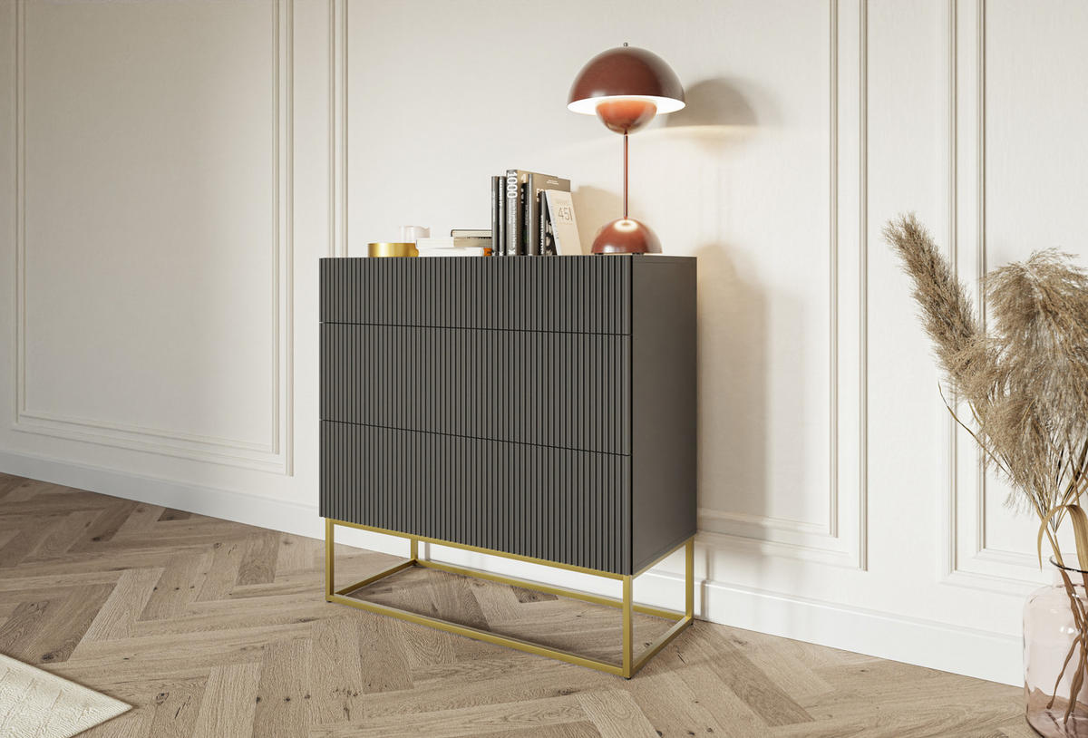 KOMMODE Veldio Schwarz mit 3 Schubladen 90 cm - Goldfarben/Schwarz, Holzwerkstoff/Metall (90/90/38cm) - Selsey
