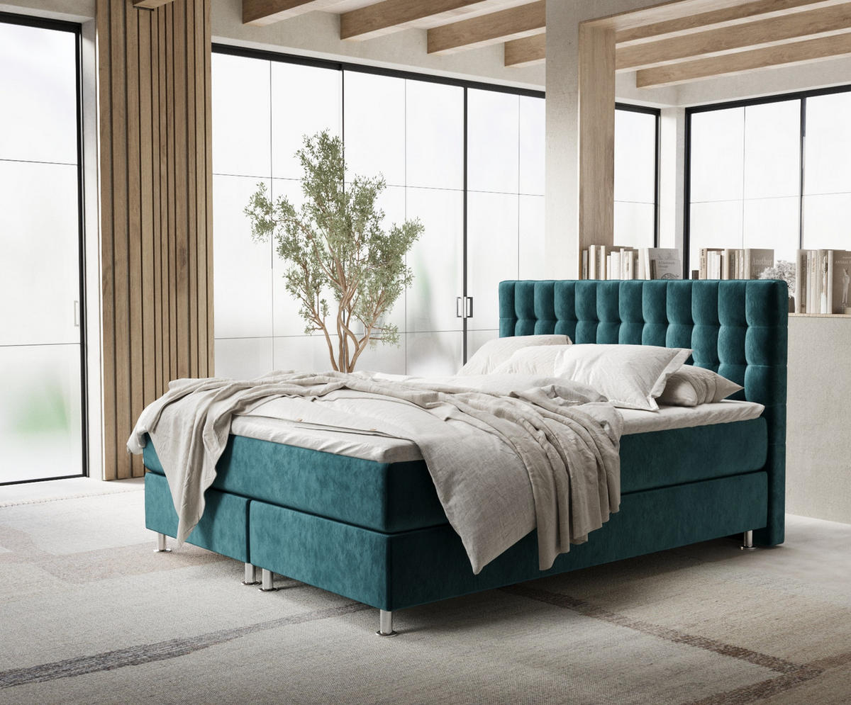 BOXSPRINGBETT Sorrento Türkisfarben 140/200 cm mit Latex-Topper - Türkis/Silberfarben, Holz/Holzwerkstoff (140/200cm) - Maison de Reve