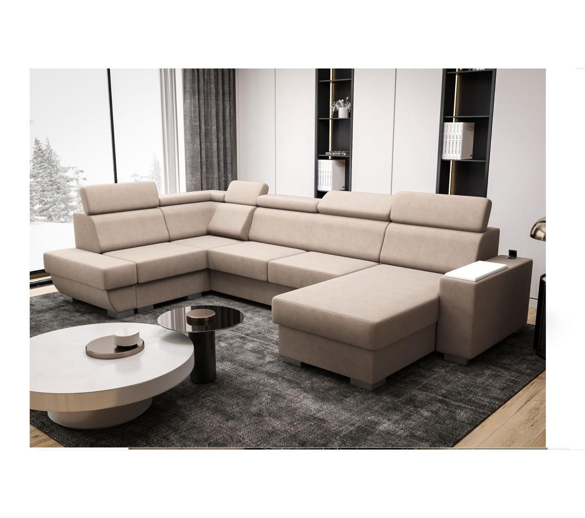 WOHNLANDSCHAFT KONGO RBN20, Eckcouch in U-Form mit Schlaffunktion, Farbe: Beige, Velourstoff, Ottomane Rechts - Beige, Textil (340/103/200cm) - O-Sofa
