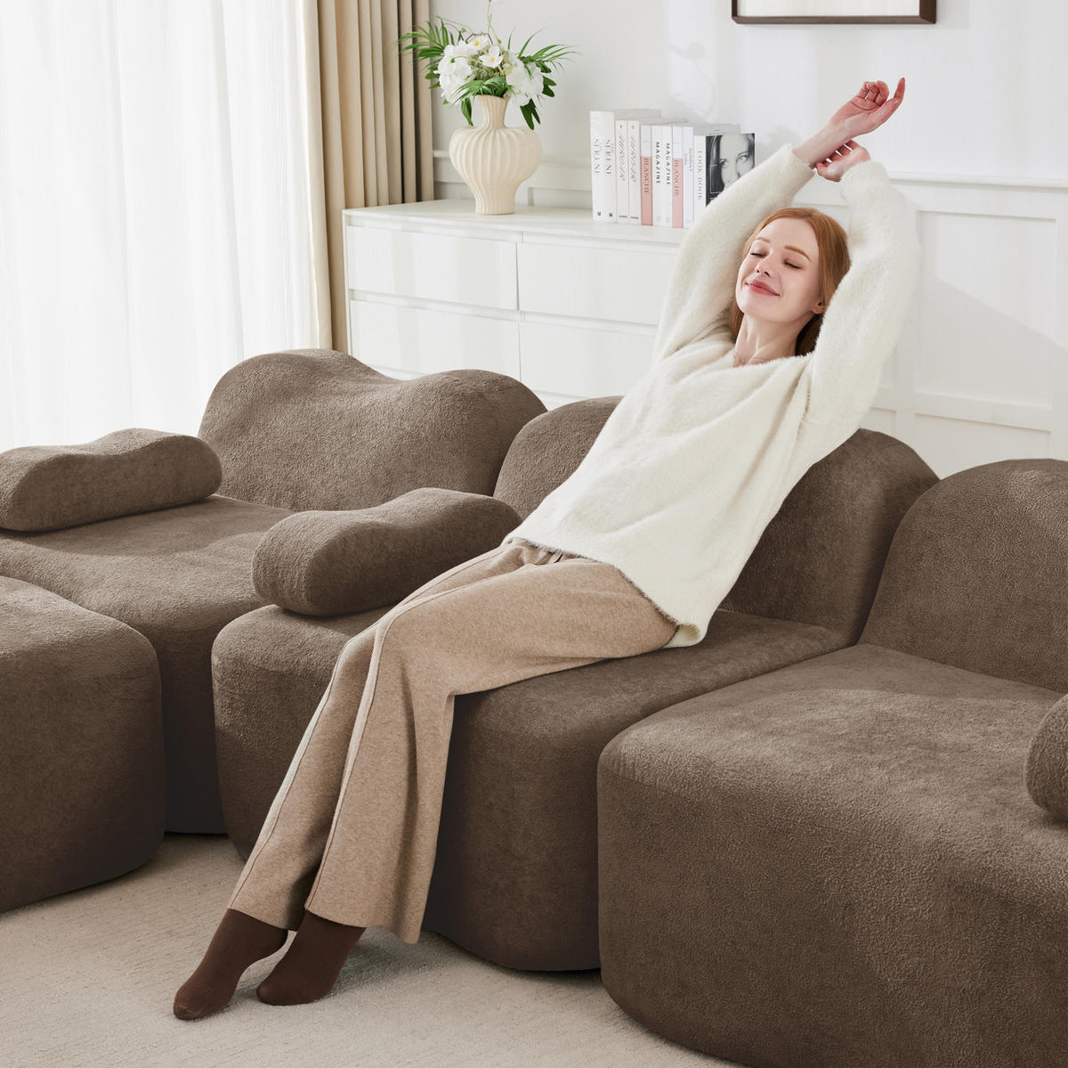 SOFA modular mit Hocker Samt Braun - Braun, Holzwerkstoff (167/70/192cm) - Meubliv