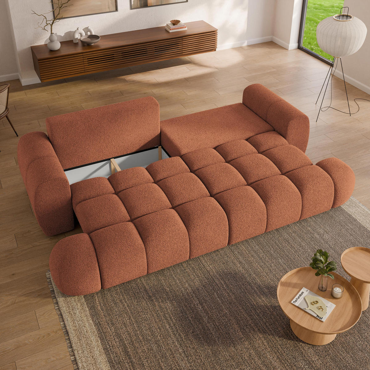 BETTSOFA DAFNE Orange Bucle-Stoff mit Schlaffunktion - Orange, Textil (300/88/113cm) - MASSENO