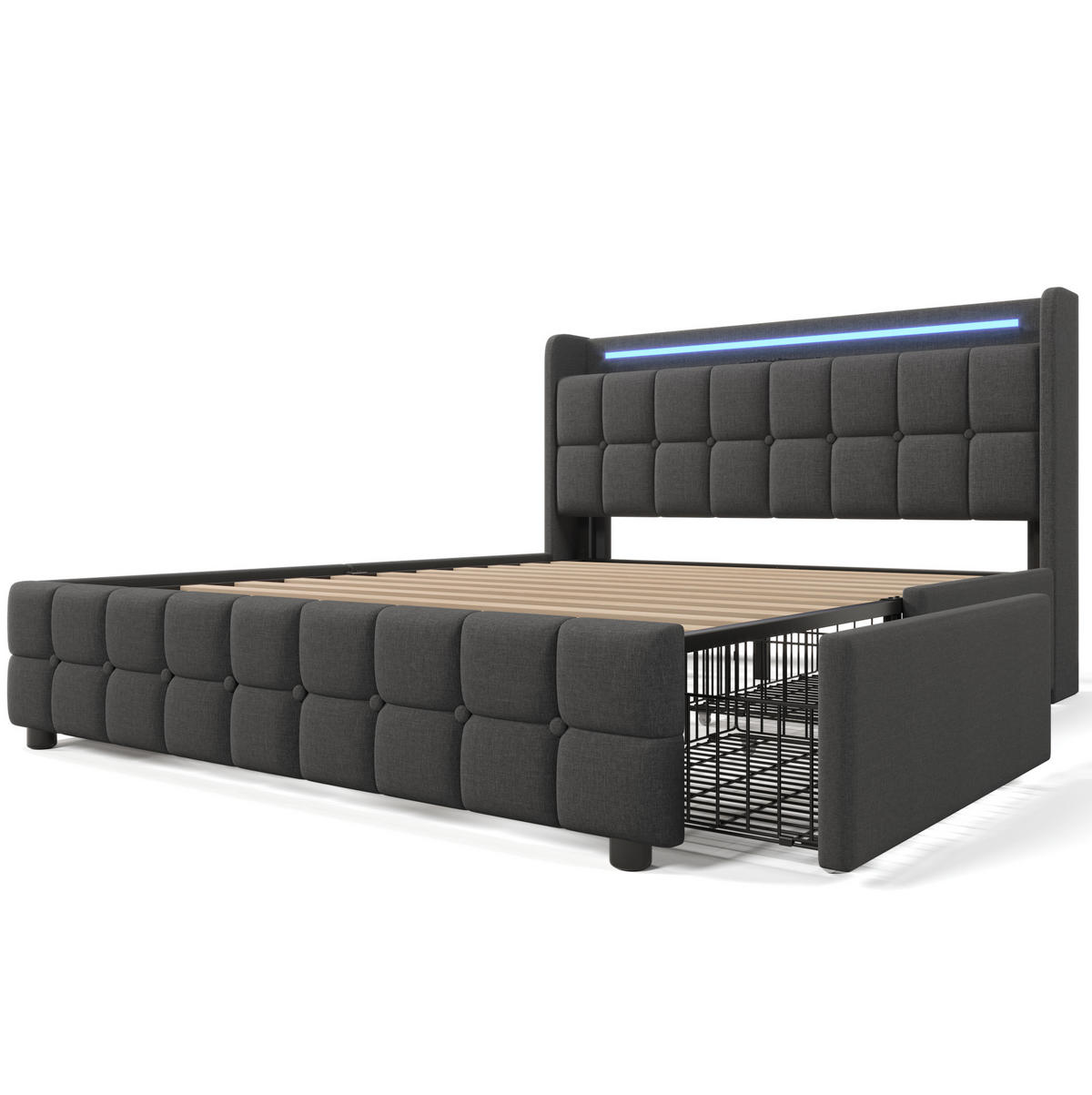 ČALOUNĚNÁ postel 180x200 cm s USB nabíjením, LED osvětlením a 4 zásuvkami, Šedá - šedá, dřevo (180/180cm) - Redom