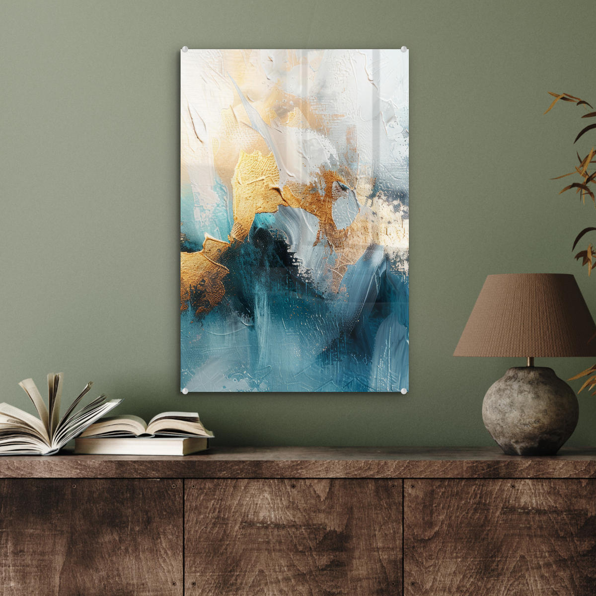 ACRYLGLASBILD Abstrakt - Kunst - Gold - Blau 40x60 cm - Petrol, Glas (40/60cm) - MuchoWow