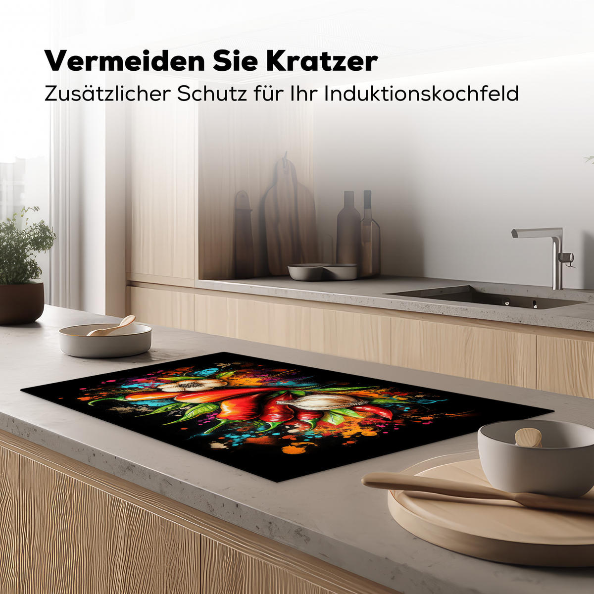 HERDABDECKPLATTE Gemüse - Paprika - Knoblauch - Graffiti - Farbe - Bunt 83x51 cm - Rot, Kunststoff (83/51.5/0.2cm) - MuchoWow