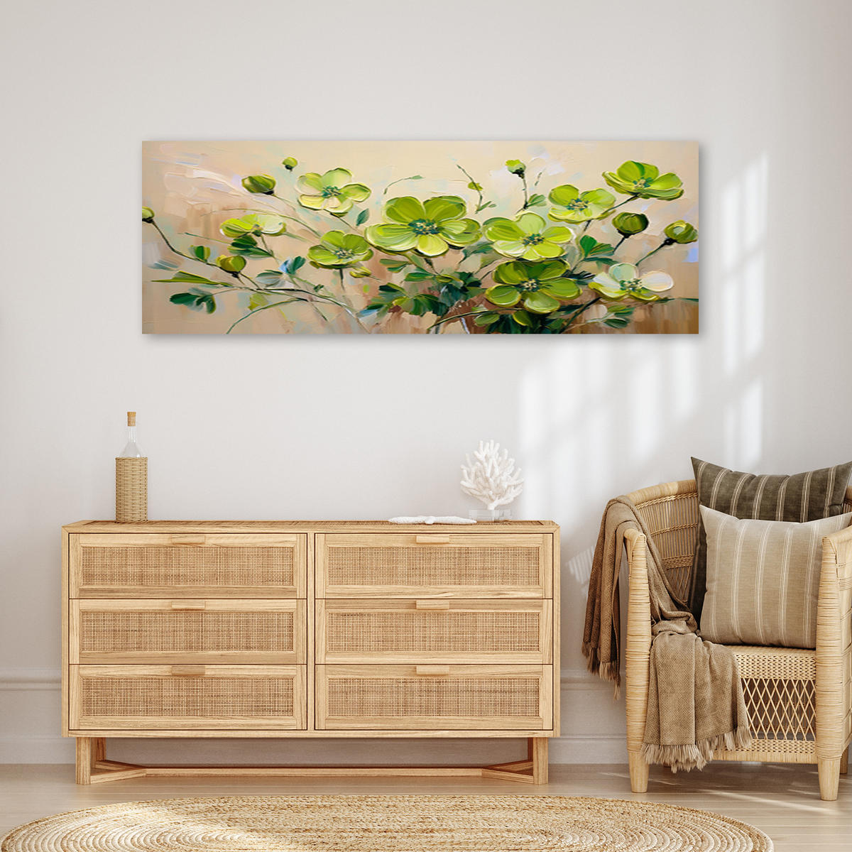 WANDBILD grün blühende blumenpflanzen - Grün, Textil (90/30cm) - Feeby