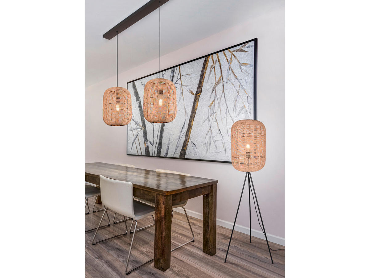 LED-STEHLEUCHTE Tripod Höhe 150cm, Lampenschirm Korbgeflecht - Schwarz/Naturfarben, Naturmaterialien/Metall (35/35/150cm) - meineWunschleuchte