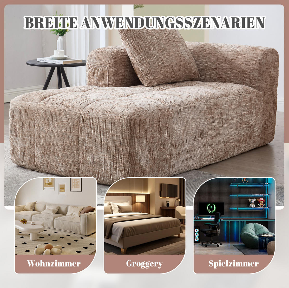 CHAISELONGUE Sofa Chenille mit Seitentaschen und Kissen 158/90/60 cm Sandfarben - Sandfarben, Textil (60/158/90cm) - Redom