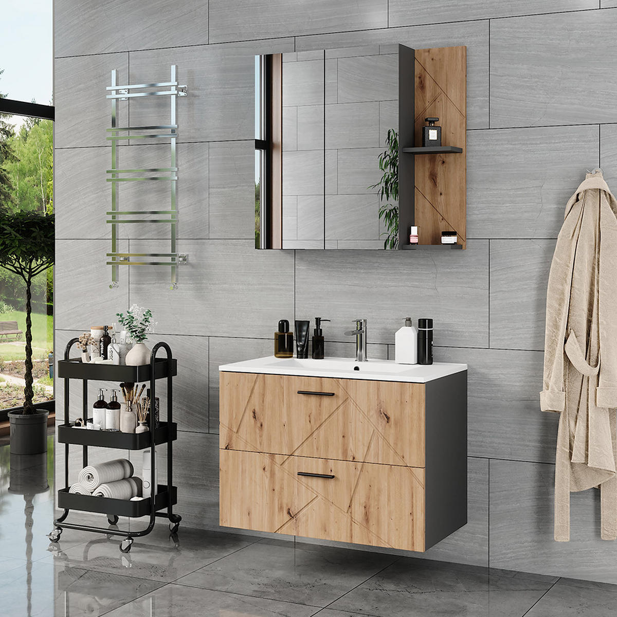 KOUPELNOVÁ SESTAVA NÁBYTKU Irma Antracit/Artisan - antracitová/dub artisan, kompozitní dřevo (80/57/44.6cm) - Vicco