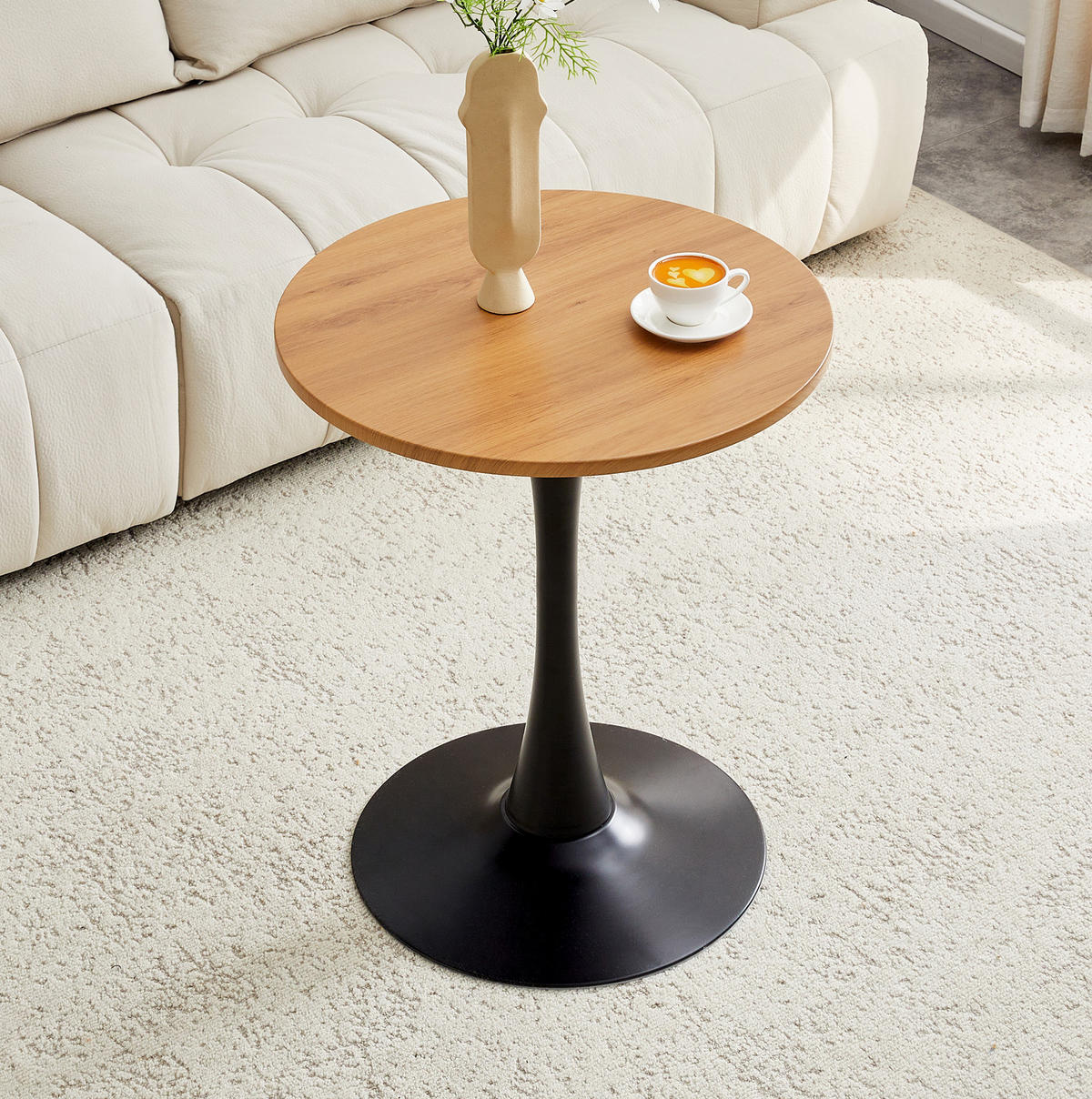 BEISTELLTISCH 60/60/72 cm mit runder Tischplatte, Thermoform-Oberfläche und stabilem Metallfuß, Schwarz/Holzfarben - Naturfarben, Holzwerkstoff (60/60/72cm) - Redom