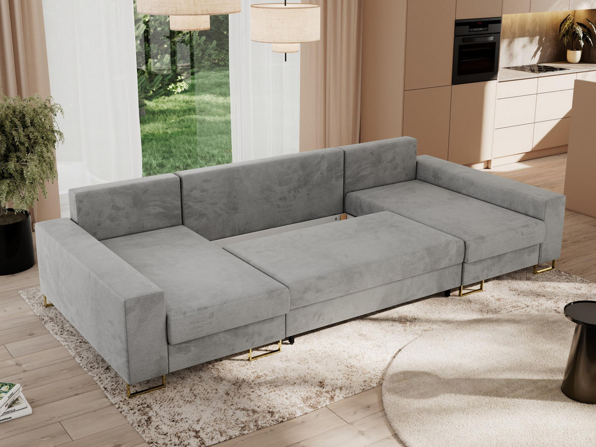 WOHNLANDSCHAFT DORIAN U Velvet Hellgrau - Goldfarben/Hellgrau, Textil/Metall (312/95/138cm) - MKS