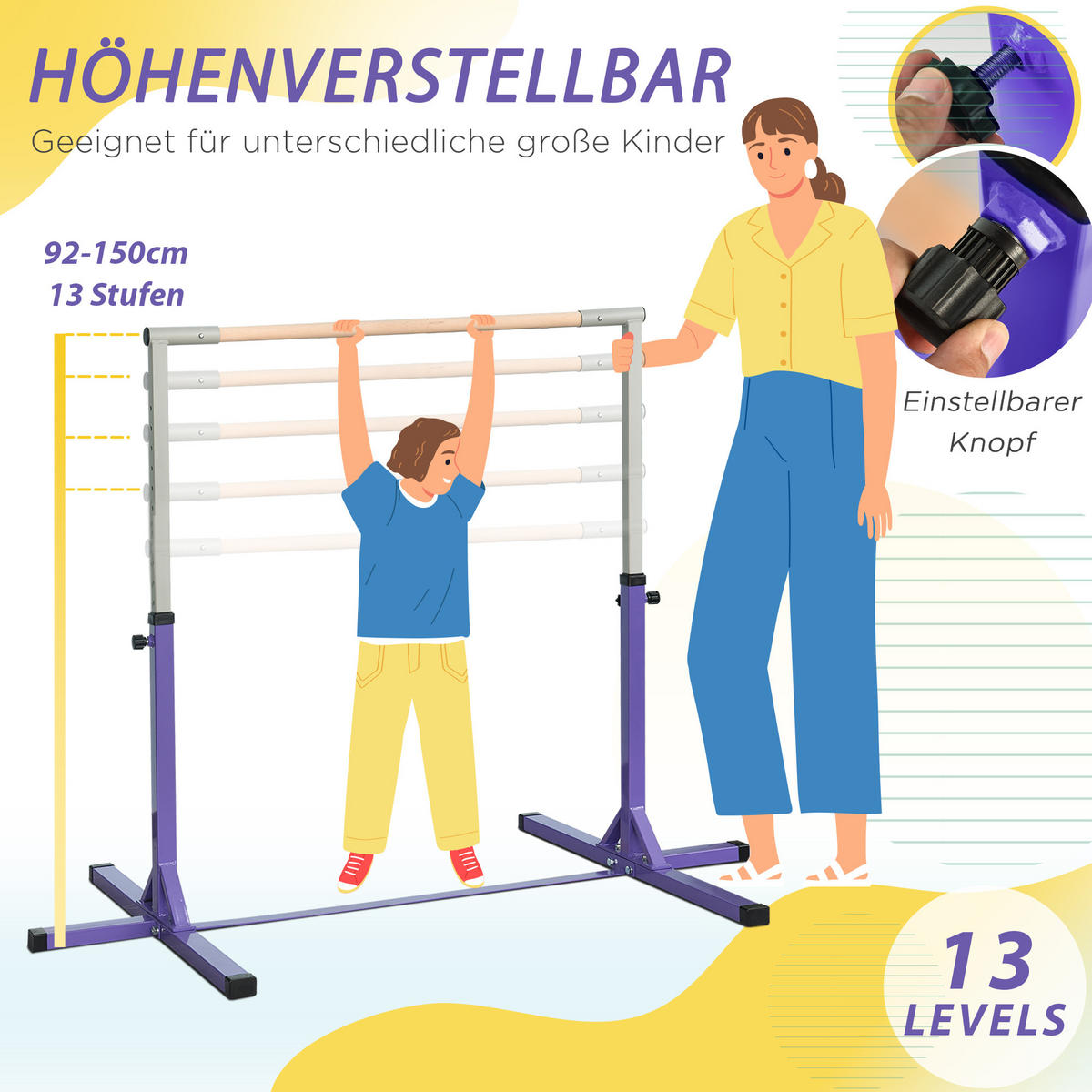 GYMNASTIK-TURNRECK, Reckstange, 13-stufig verstellbar, bis 75 kg belastbar, Lila - Violett, Metall (121/194cm) - HOMCOM