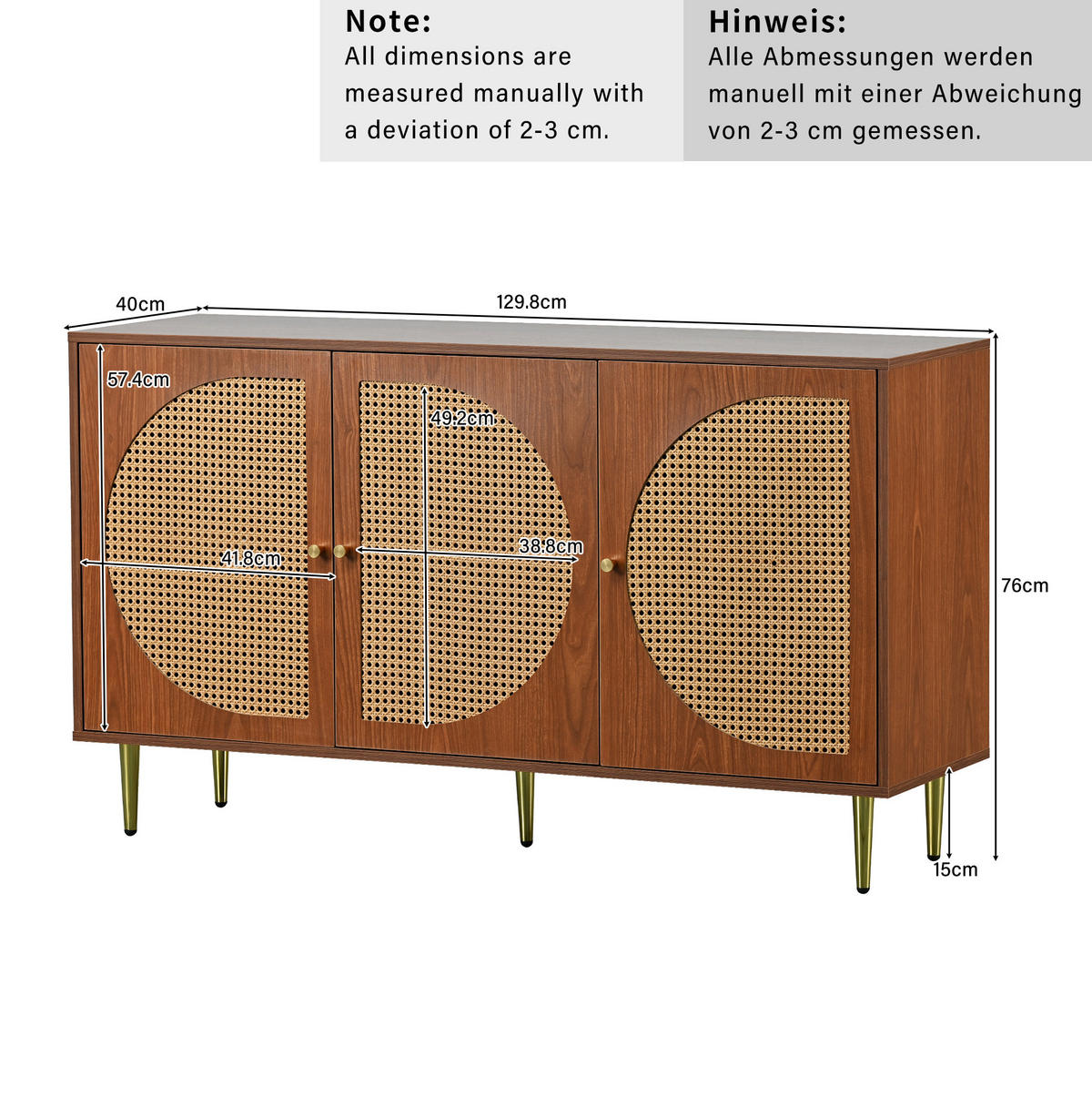 SIDEBOARD 129,8/40/76 cm mit 3 Türen in Walnussfarben & Rattan-Optik - Walnussfarben, Holzwerkstoff (129.8/76/40cm) - BEAOK