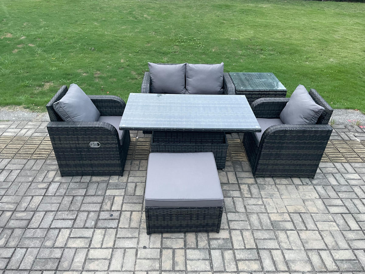 GARTENTISCHGRUPPE Polyrattan 5-Sitzer - Dunkelgrau/Grau, Glas/Kunststoff - Fimous