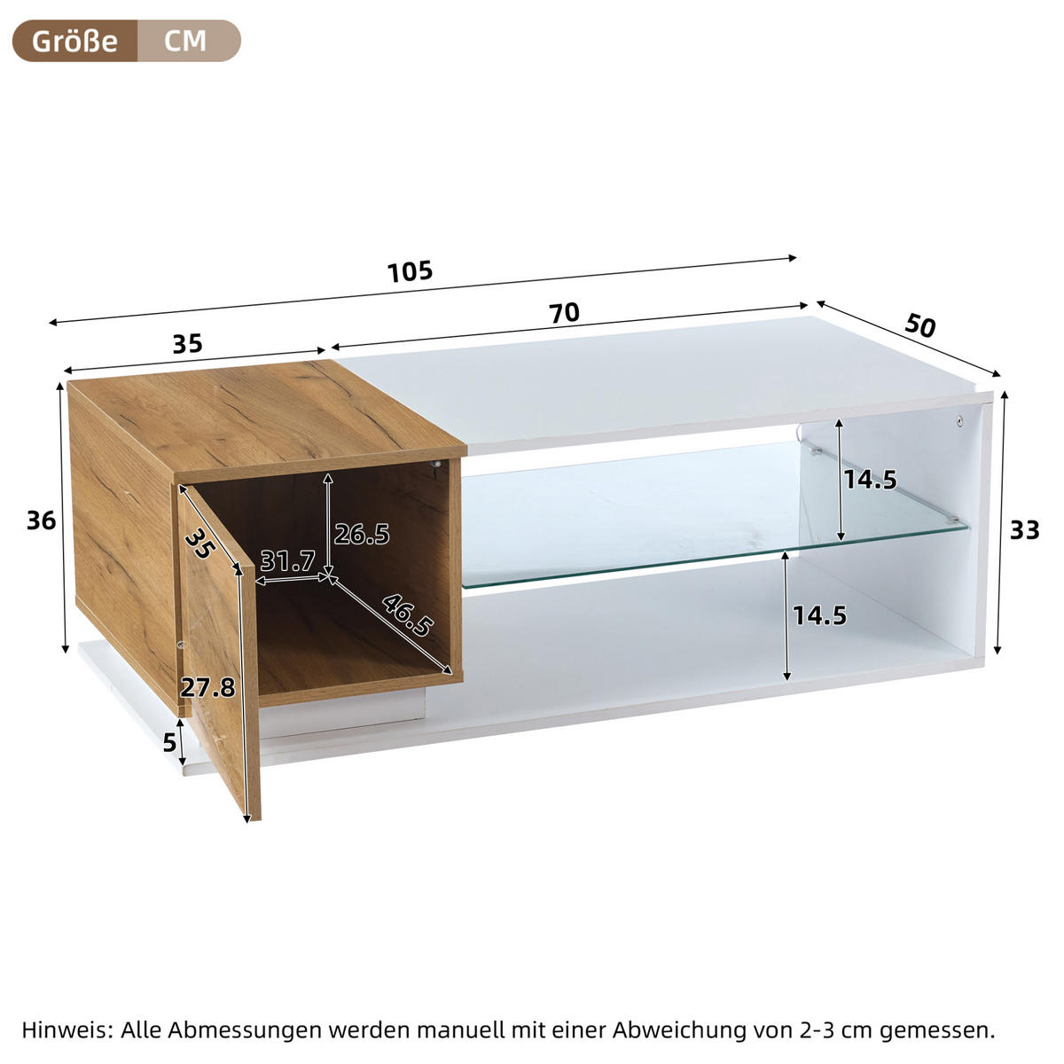 KLUBSKA miza, 105/50/36 cm, bela/hrastova barva, z LED osvetlitvijo in prostorom za shranjevanje - bela, leseni material (105/50/36cm) - BEAOK