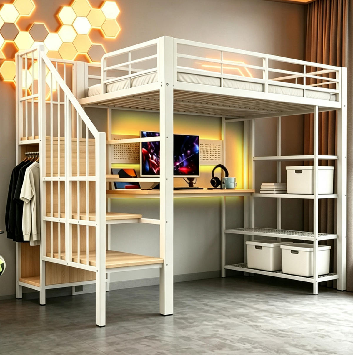 HOCHBETT 90/200 cm aus Metall und Holz mit Staumtreppe und Schreibtisch Weiß - Weiß, Metall (90/200cm) - Modenvie