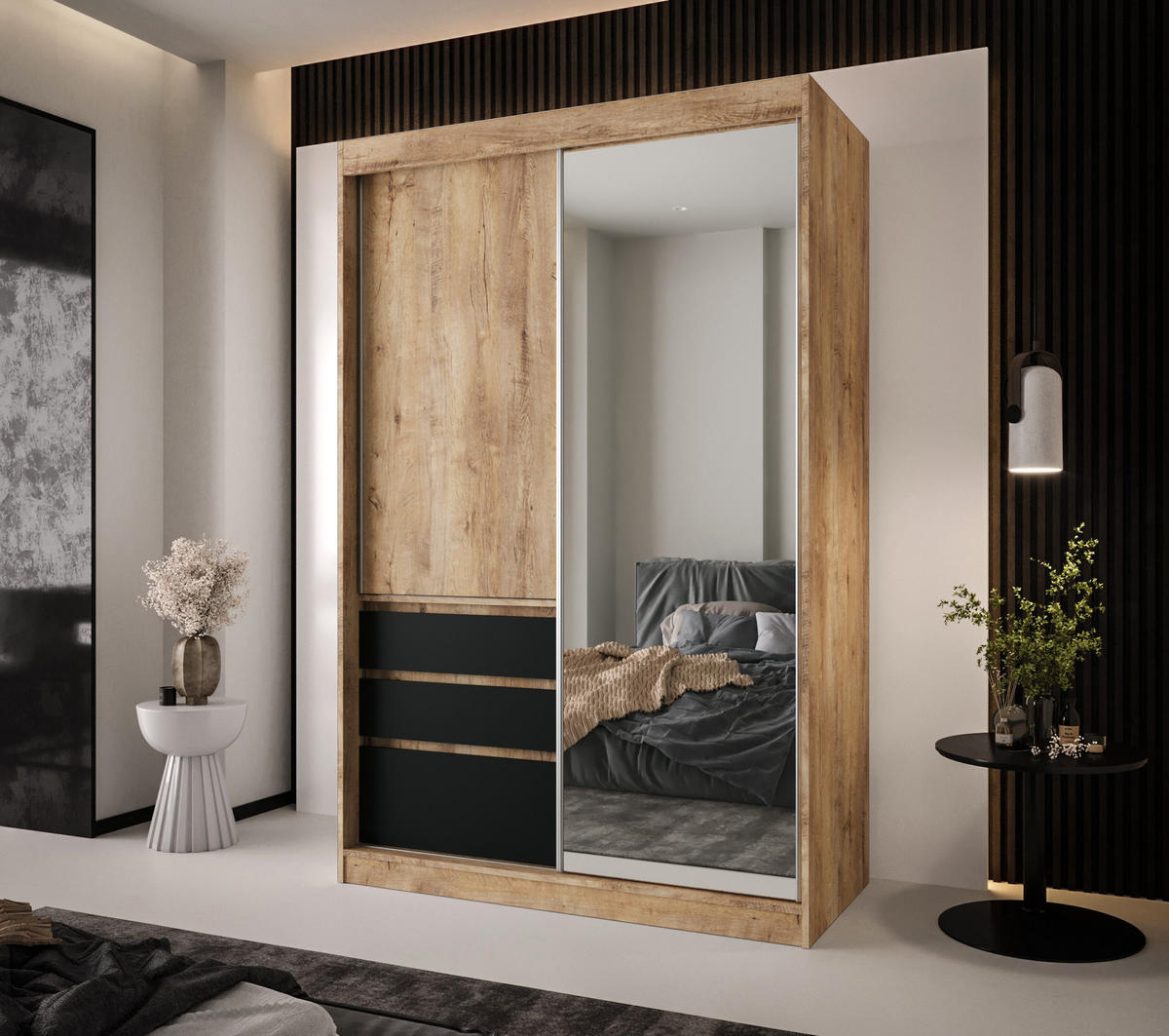 SCHIEBETÜRENSCHRANK PARMA 140, 2-türig Kleiderschrank mit 1 Spiegel, Moderne Garderobe, Schrank in Größe: 140 x 216 x 65 cm - Schwarz/Braun, Holzwerkstoff (140/216/65cm) - O-Sofa