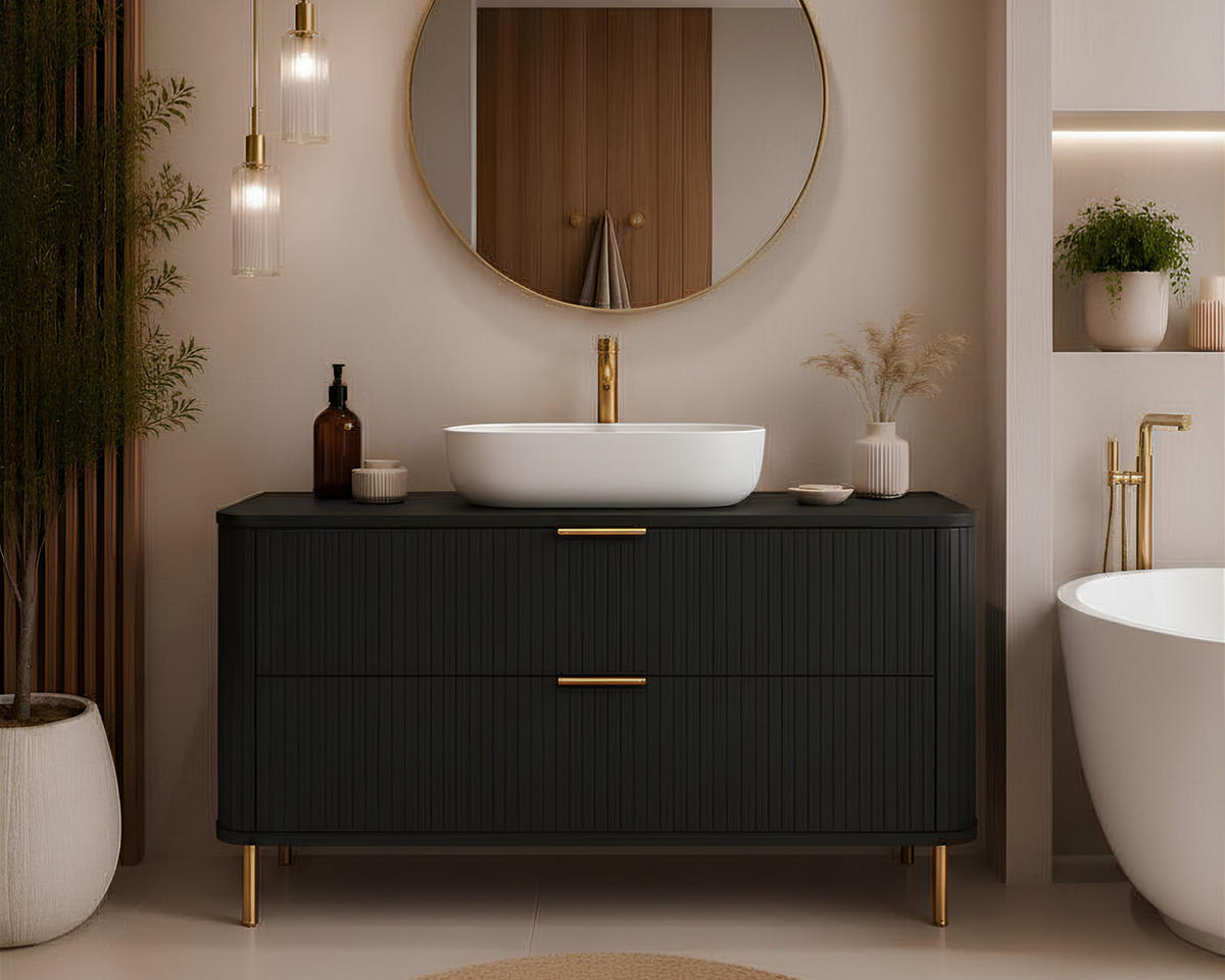 BADEZIMMERSCHRANK : Farbe Schwarz, Griff gold, Füße gold, 120 x 41,5 x 66,7 cm - Goldfarben/Schwarz, Holzwerkstoff (120/66.7/41.5cm) - 3XE LIVING