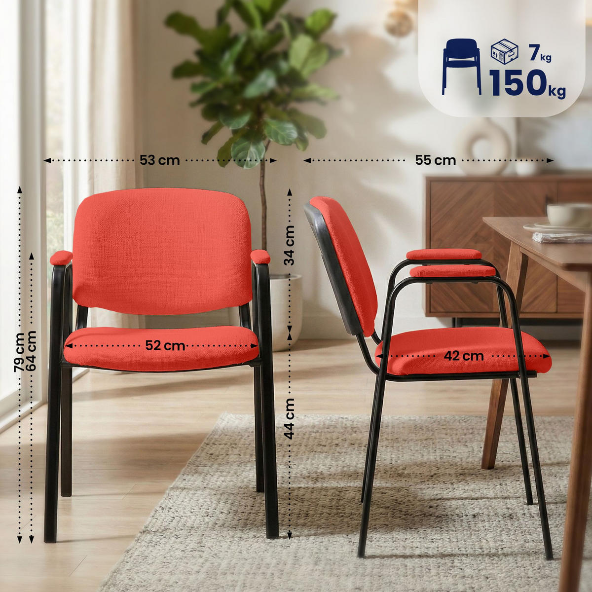 BESUCHERSTUHL 4er Set Stoff Rot - Rot/Schwarz, Textil/Metall (53/79/55cm) - CLP