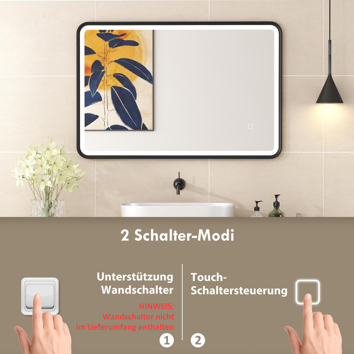 BADSPIEGEL mit Beleuchtung 90x60 cm LED Spiegel mit 3 Lichtfarben Dimmbar - Schwarz, Glas (4/90/60cm) - HOMCOM