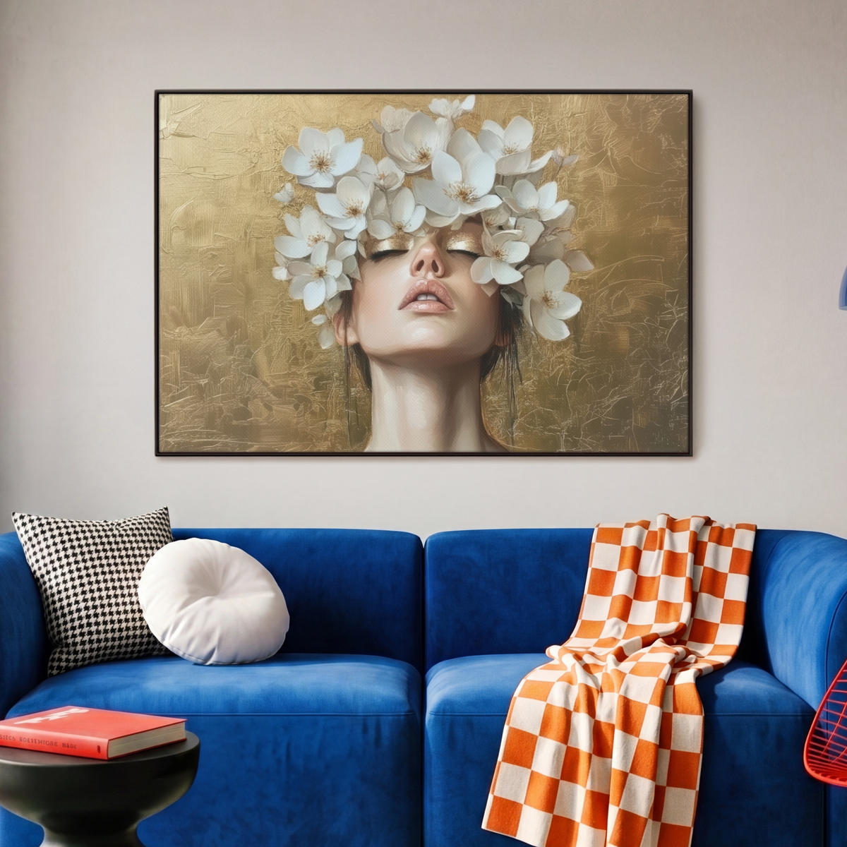 LEINWAND Bilder mit Rahmen - Gesicht - Blumen - Gold - Abstrakt - 90x60 - Goldfarben, Textil (90/60cm) - MuchoWow
