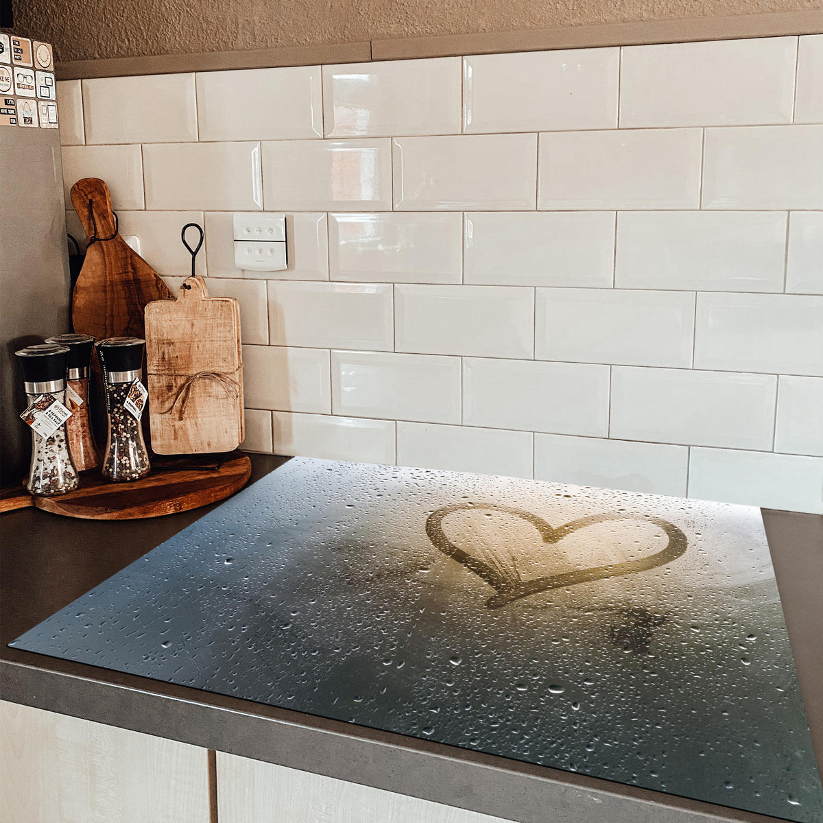 HERDABDECKPLATTE Herz - Kondenswasser - Wasser - 3D Induktionsmatte 77x59 cm - Grau, Kunststoff (77/59/0.2cm) - MuchoWow
