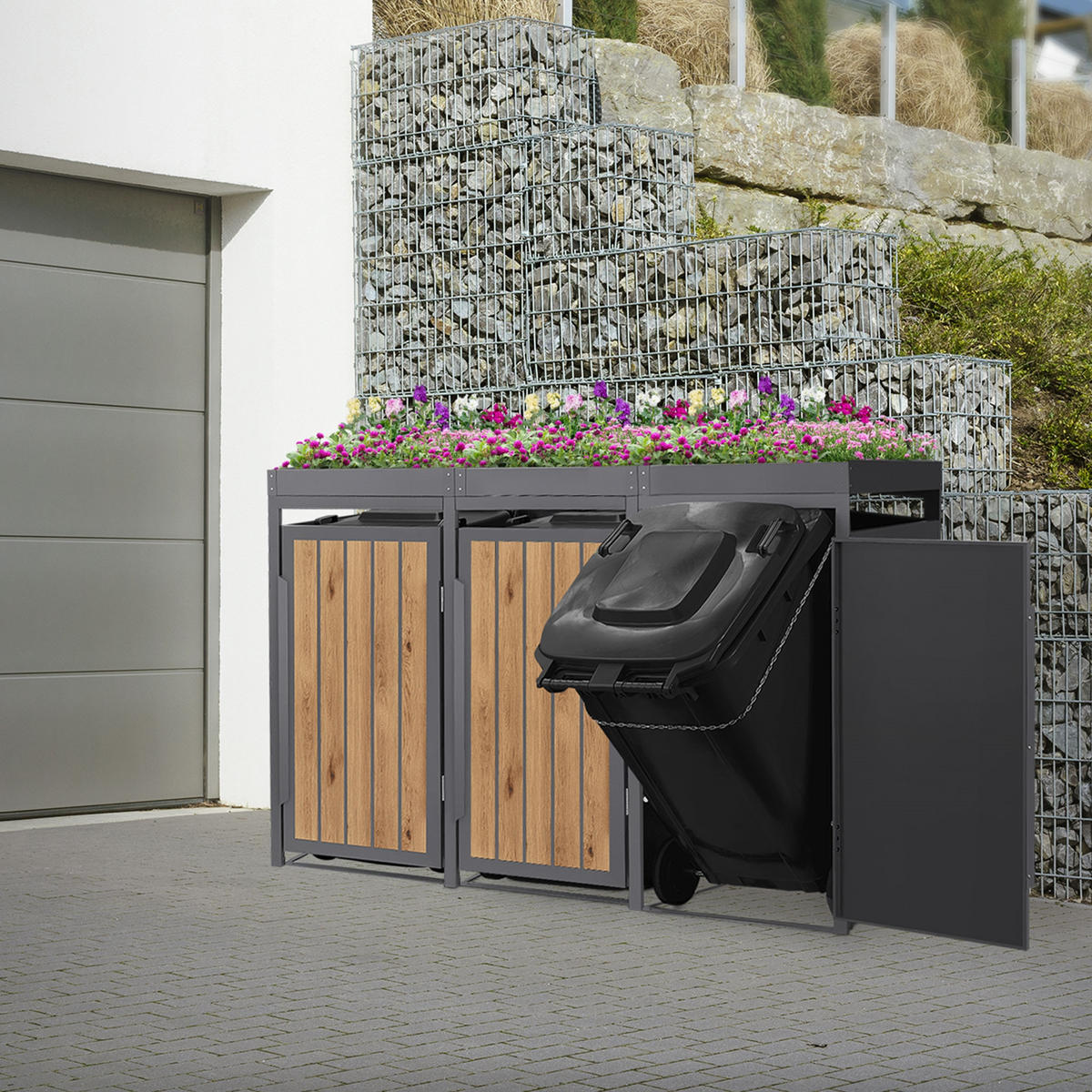 MÜLLTONNENBOX 3er mit Pflanzdach 240L Anthrazit-Holzoptik aus Stahl - Hellbraun, Metall (80/124/196cm) - ML-DESIGN