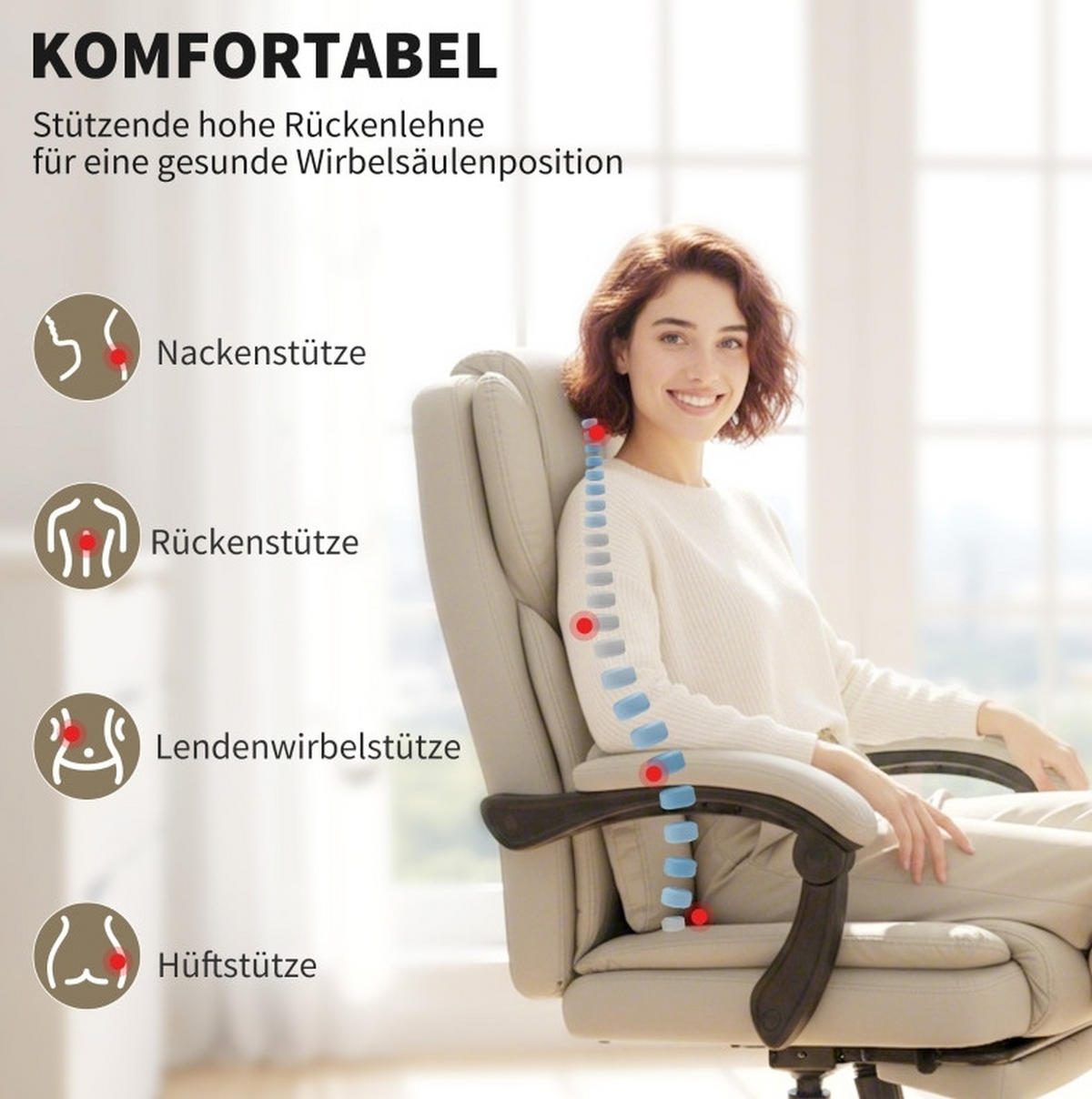 BÜROSTUHL höhenverstellbar mit Fußstütze Beige - Beige, Kunststoff (65/119/67cm) - Meubliv